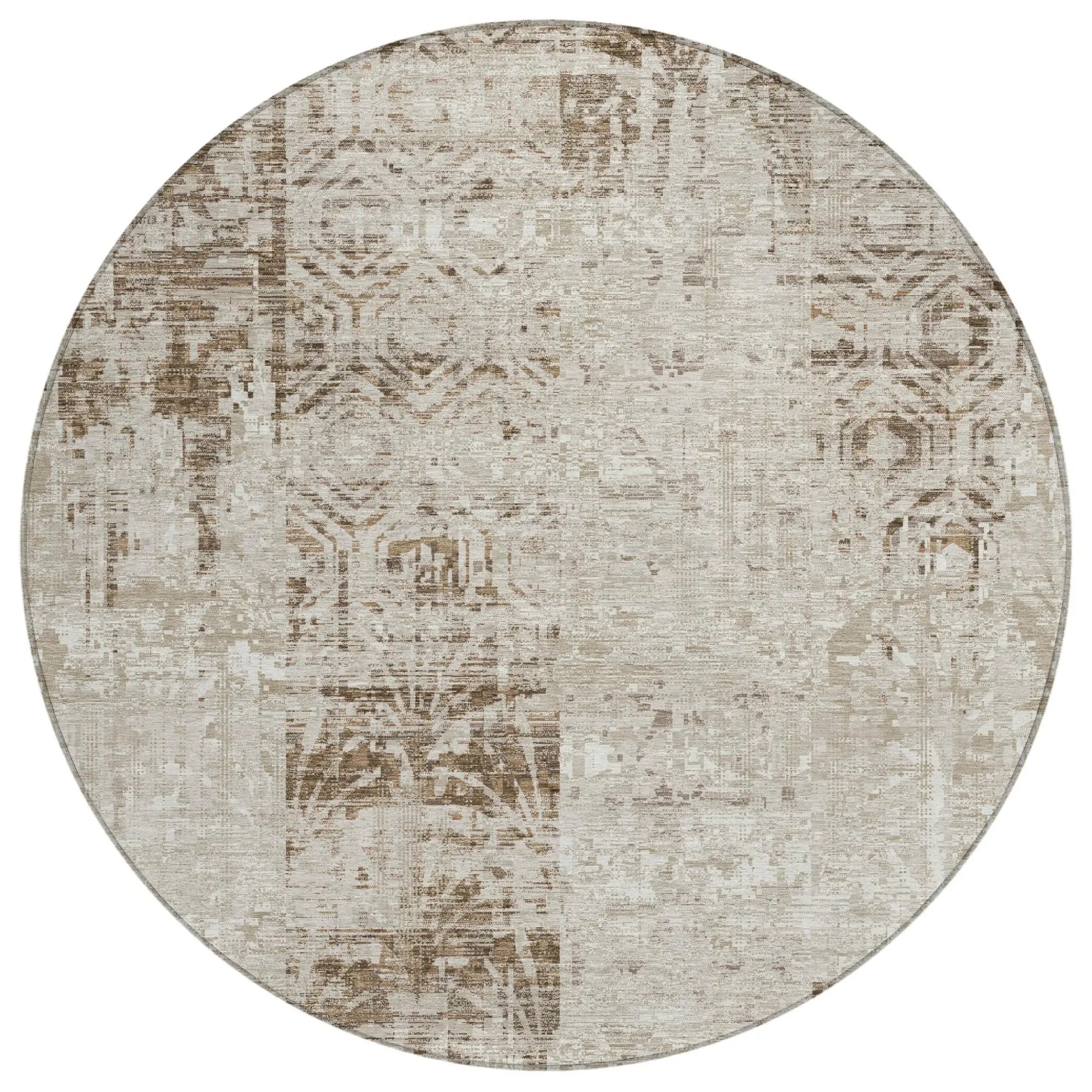 8' Beige And Brown Round Abstract Washable Indoor Outdoor Area Rug Homeroots Outdoor
