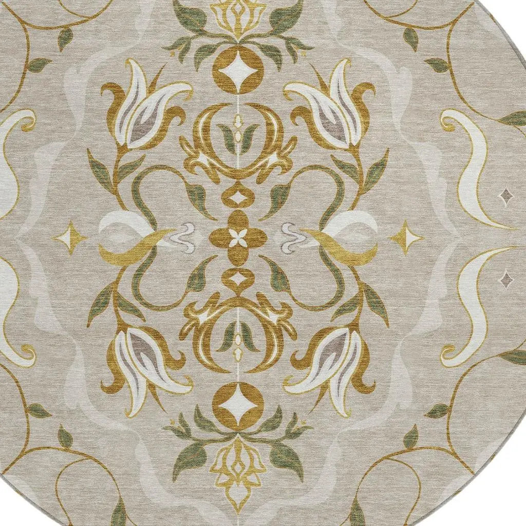 8' Beige And Brown Round Damask Washable Indoor Outdoor Area Rug Homeroots Outdoor