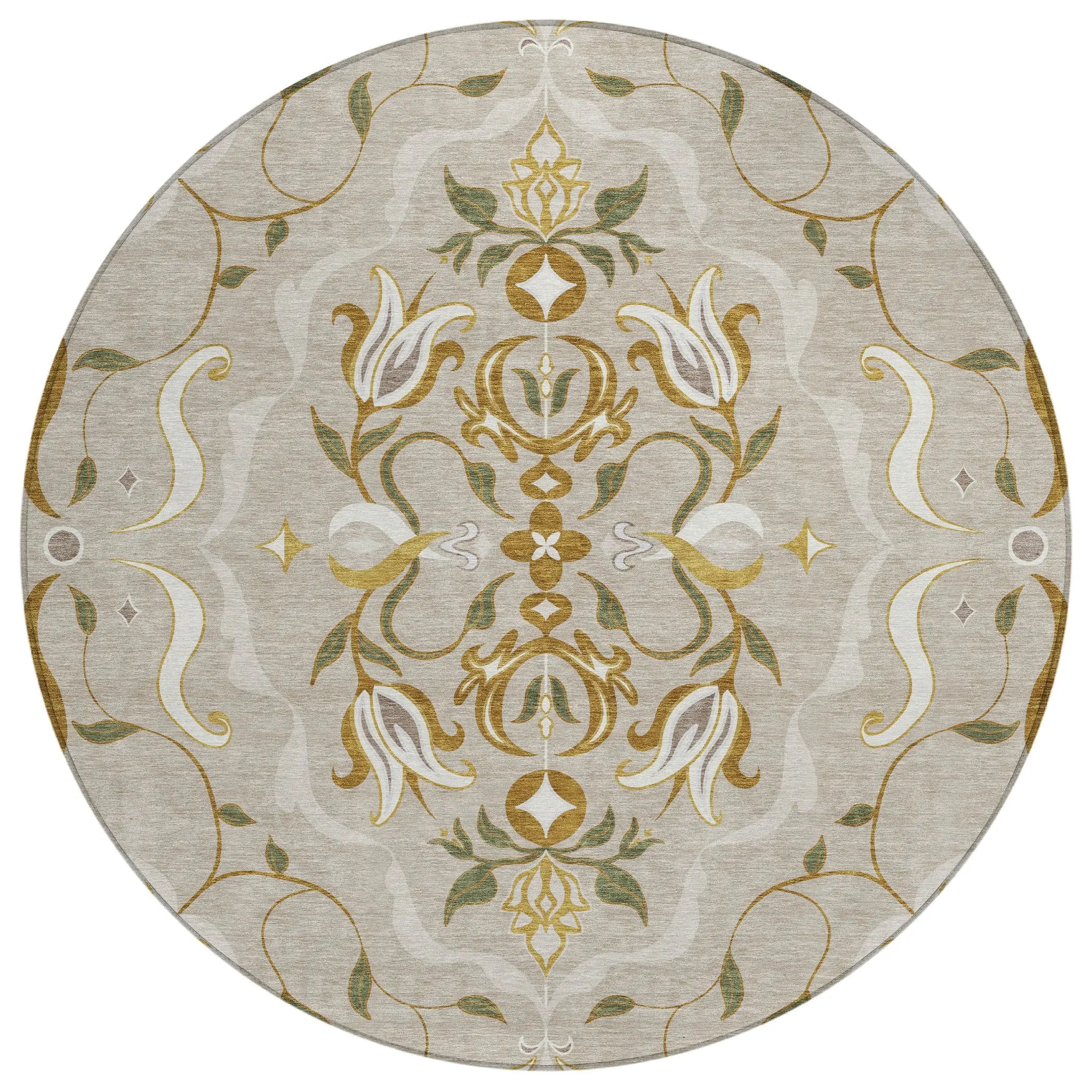 8' Beige And Brown Round Damask Washable Indoor Outdoor Area Rug Homeroots Outdoor