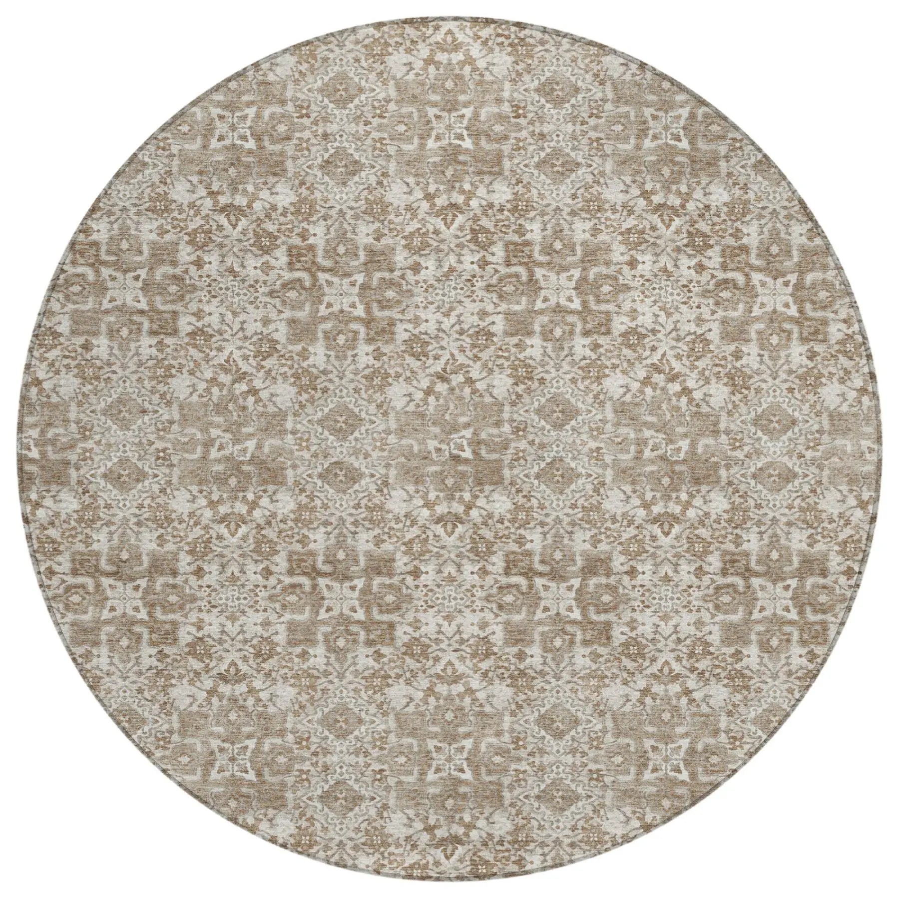 8' Beige And Brown Round Damask Washable Indoor Outdoor Area Rug Homeroots Outdoor