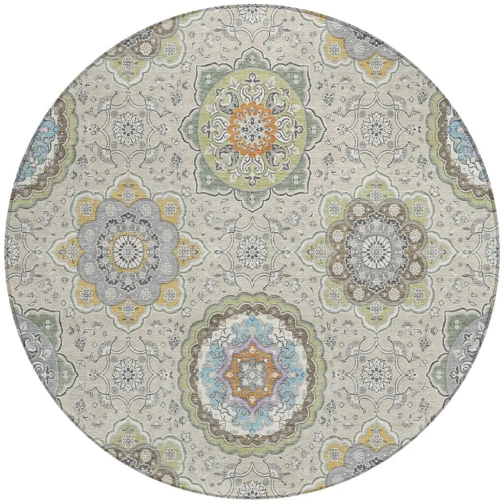 8' Beige And Brown Round Floral Medallion Washable Indoor Outdoor Area Rug Homeroots Outdoor