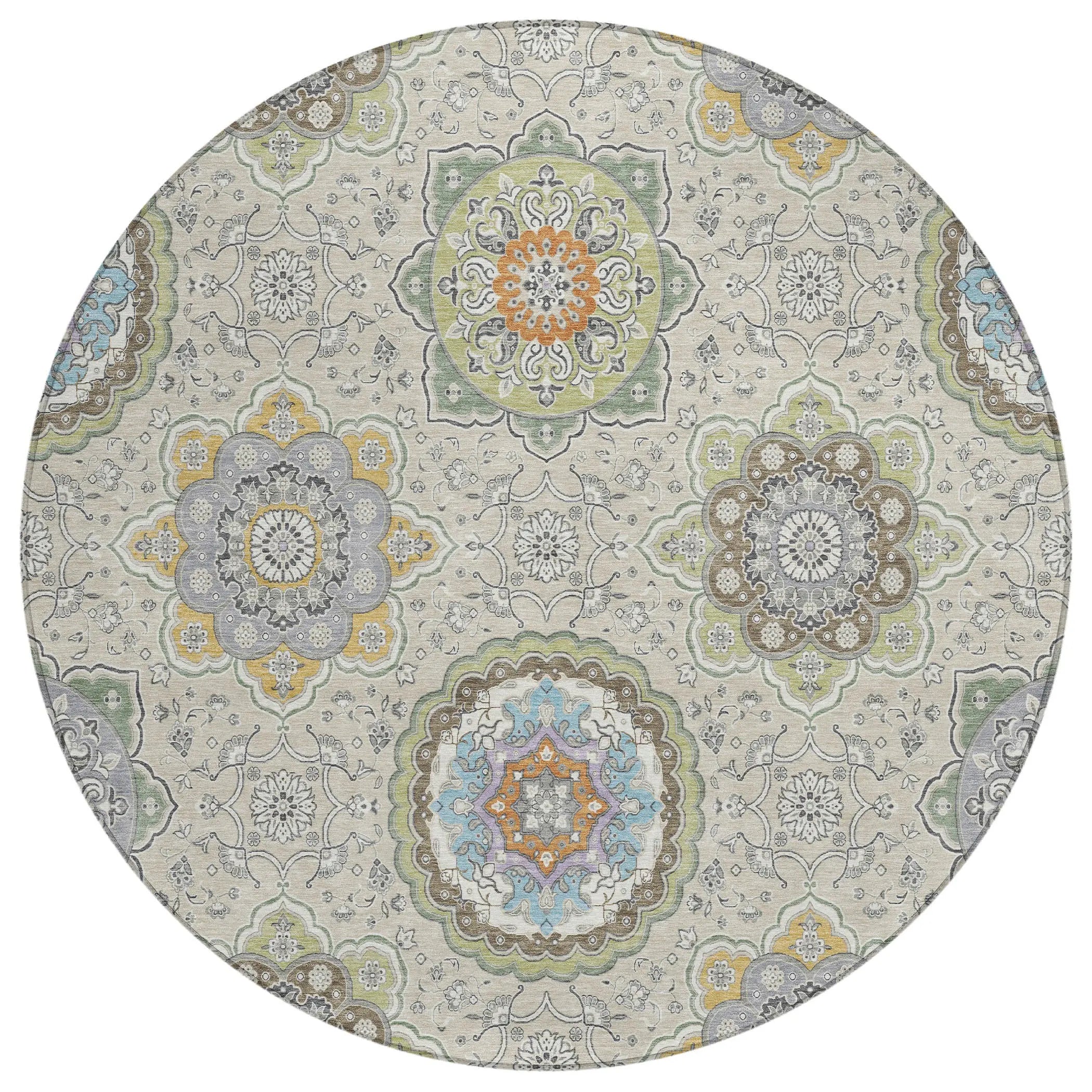 8' Beige And Brown Round Floral Medallion Washable Indoor Outdoor Area Rug Homeroots Outdoor