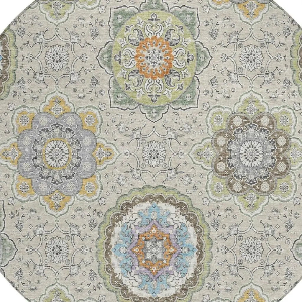 8' Beige And Brown Round Floral Medallion Washable Indoor Outdoor Area Rug Homeroots Outdoor