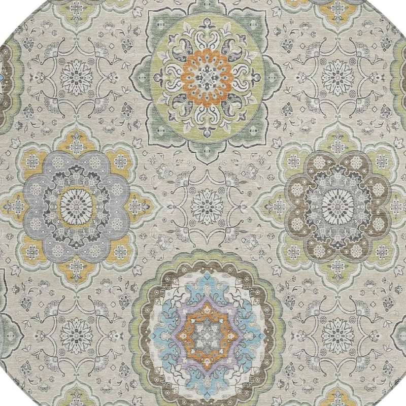 8' Beige And Brown Round Floral Medallion Washable Indoor Outdoor Area Rug Homeroots Outdoor