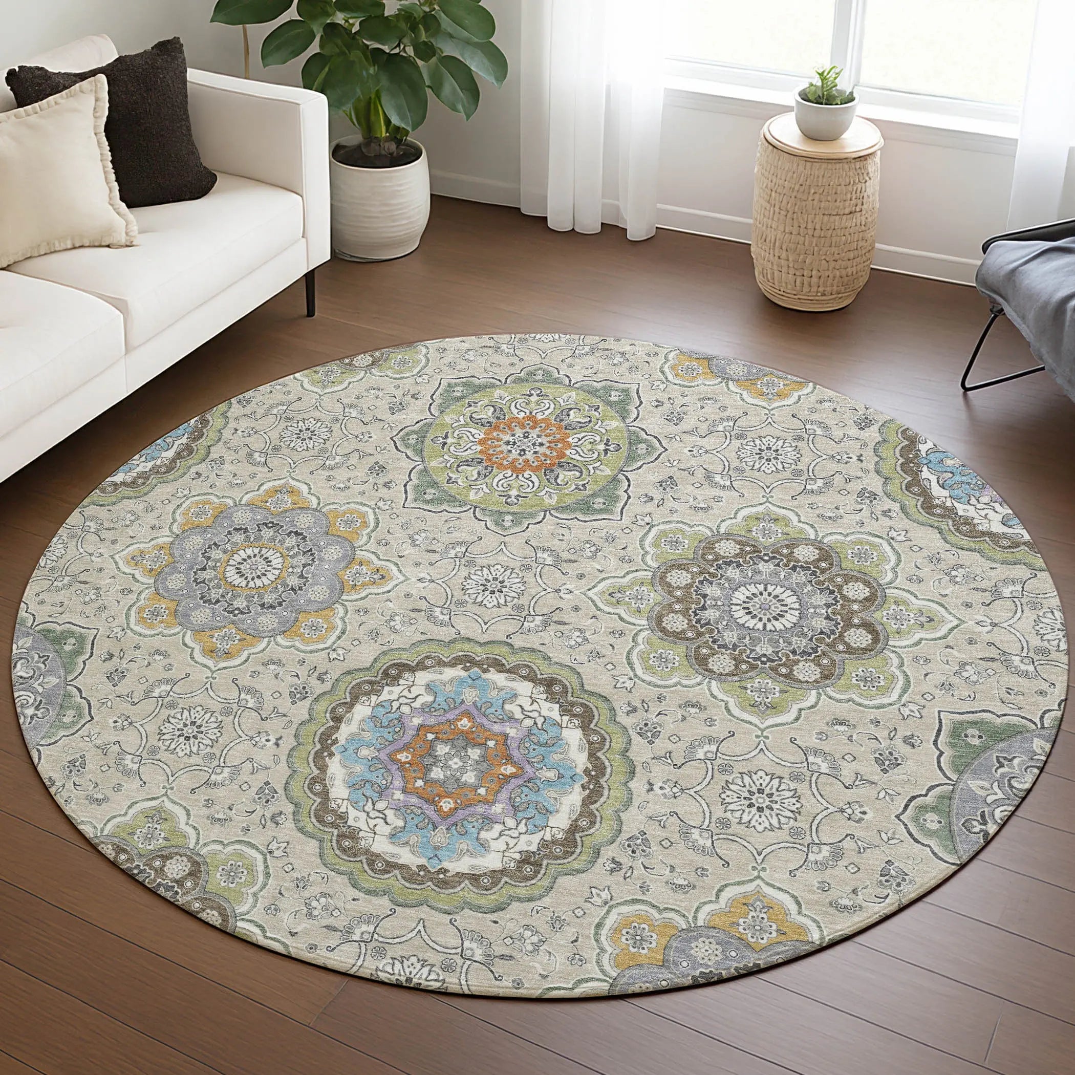 8' Beige And Brown Round Floral Medallion Washable Indoor Outdoor Area Rug Homeroots Outdoor