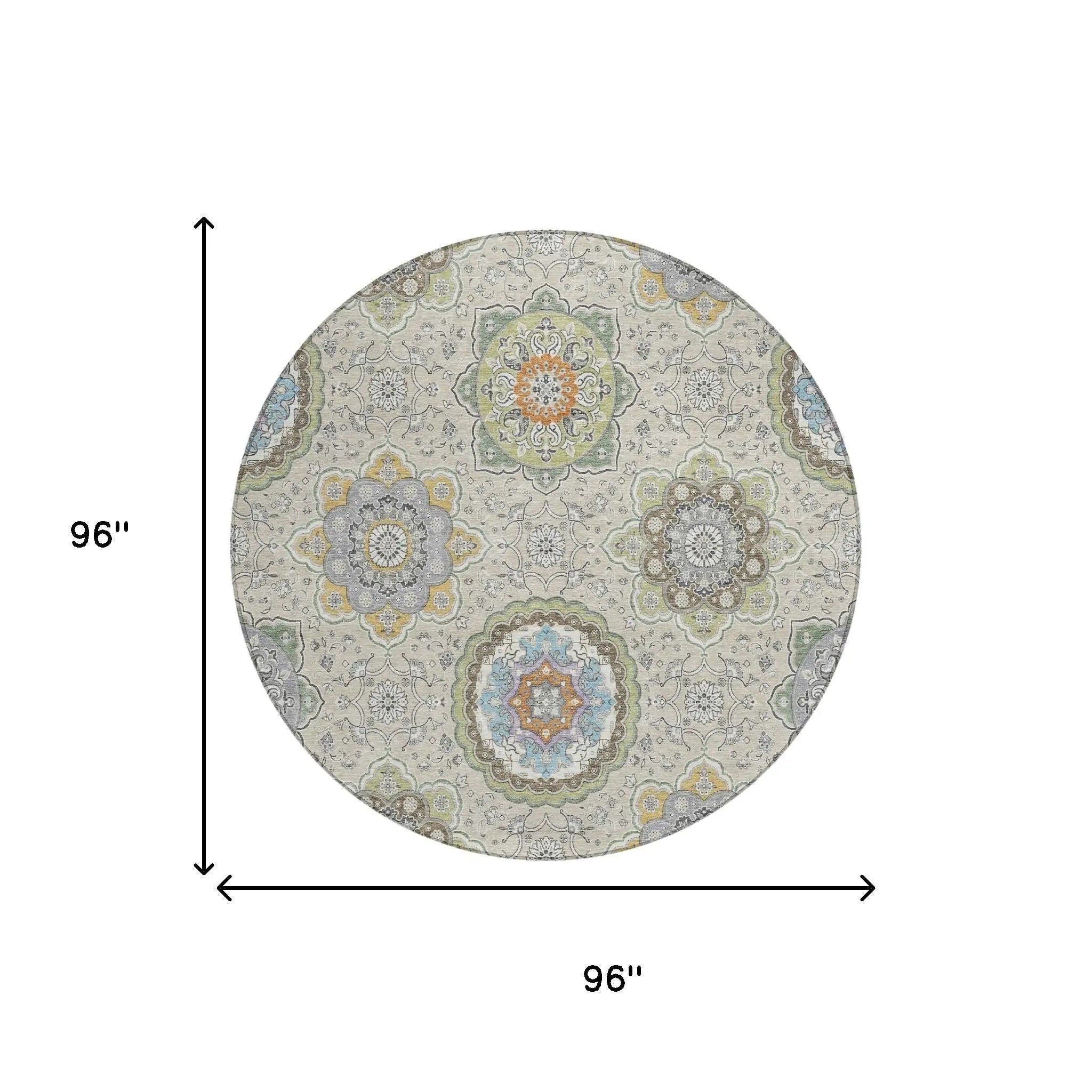 8' Beige And Brown Round Floral Medallion Washable Indoor Outdoor Area Rug Homeroots Outdoor