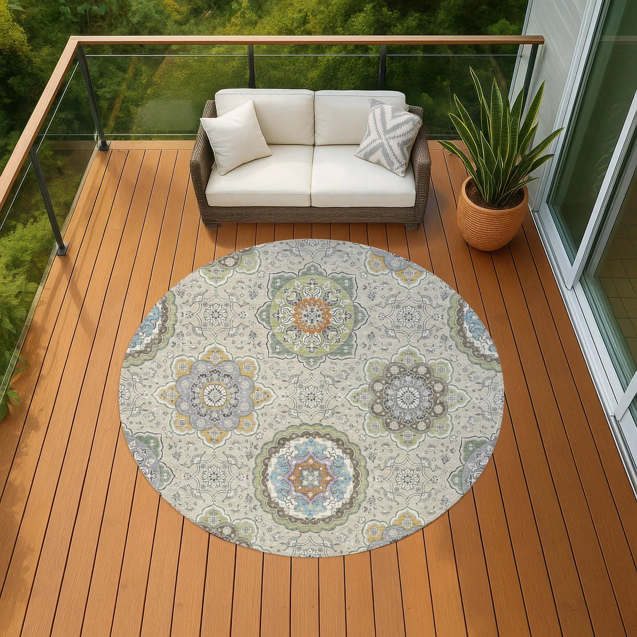 8' Beige And Brown Round Floral Medallion Washable Indoor Outdoor Area Rug Homeroots Outdoor