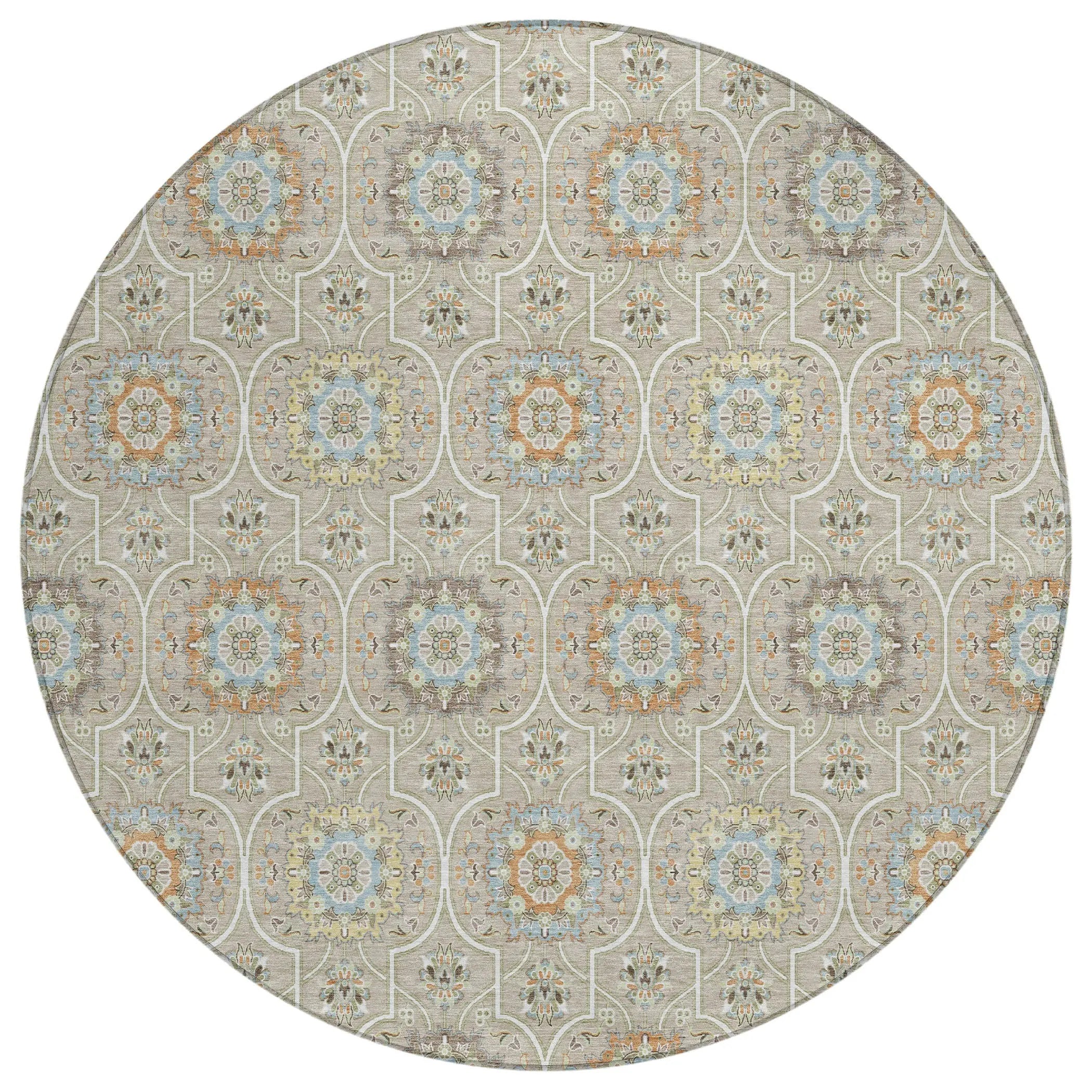8' Beige And Brown Round Floral Medallion Washable Indoor Outdoor Area Rug Homeroots Outdoor