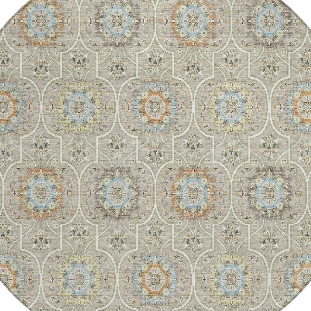8' Beige And Brown Round Floral Medallion Washable Indoor Outdoor Area Rug Homeroots Outdoor
