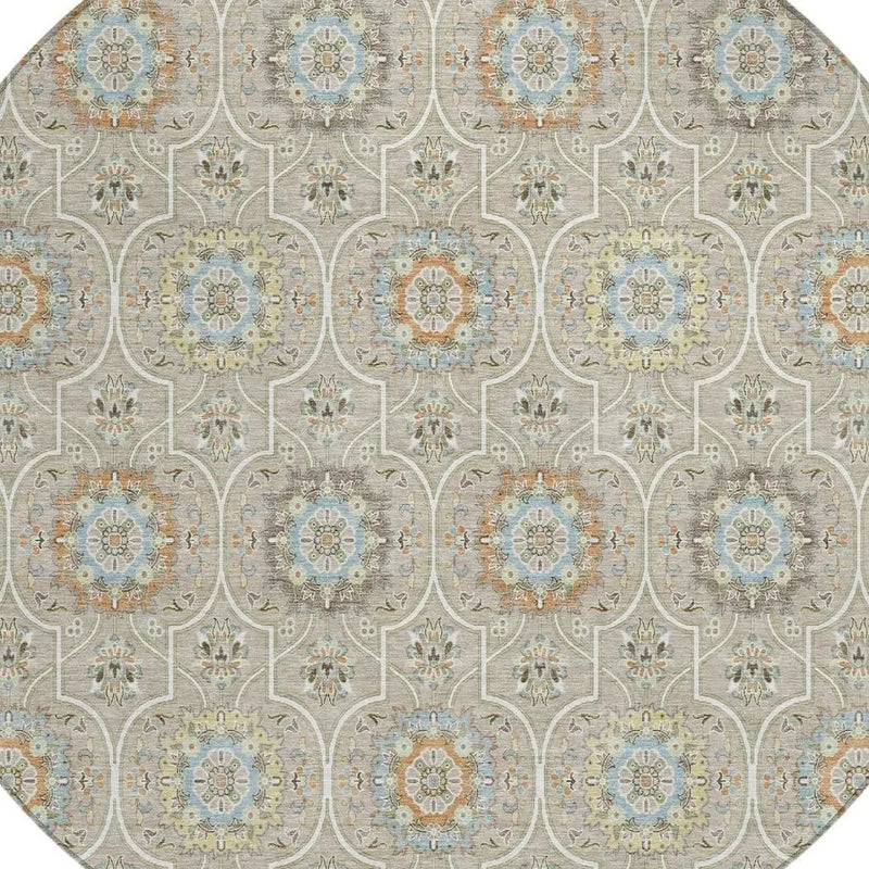 8' Beige And Brown Round Floral Medallion Washable Indoor Outdoor Area Rug Homeroots Outdoor