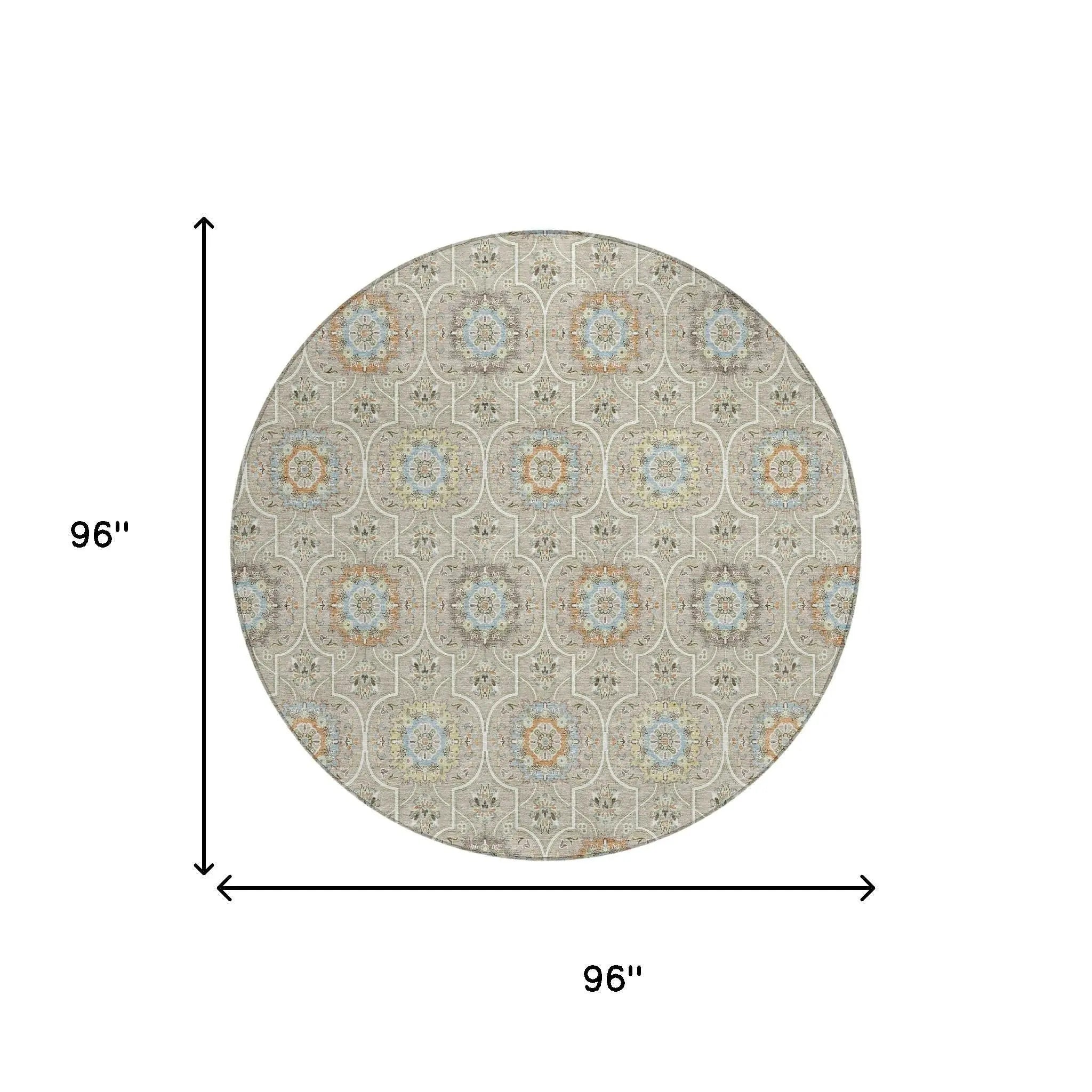 8' Beige And Brown Round Floral Medallion Washable Indoor Outdoor Area Rug Homeroots Outdoor