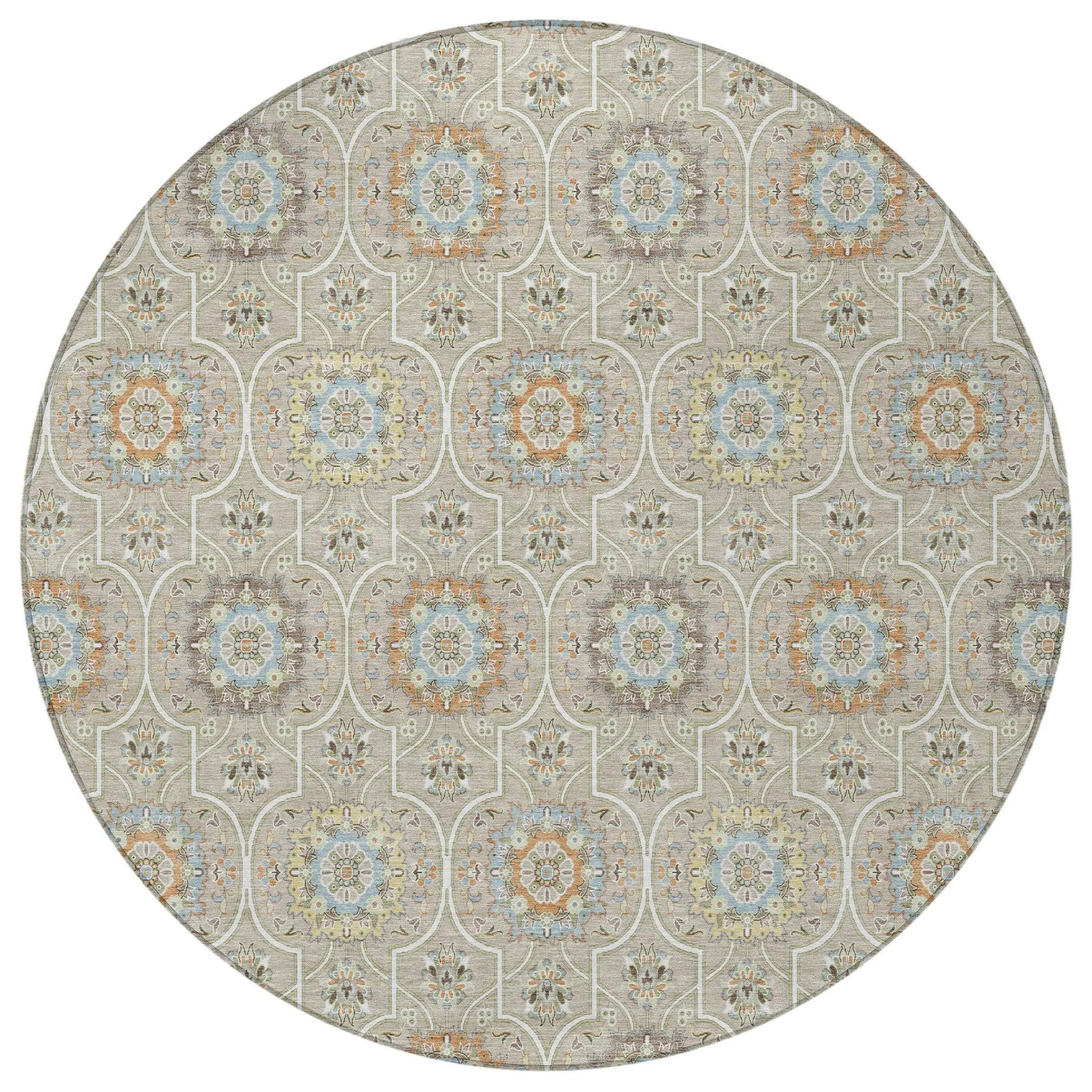 8' Beige And Brown Round Floral Medallion Washable Indoor Outdoor Area Rug Homeroots Outdoor