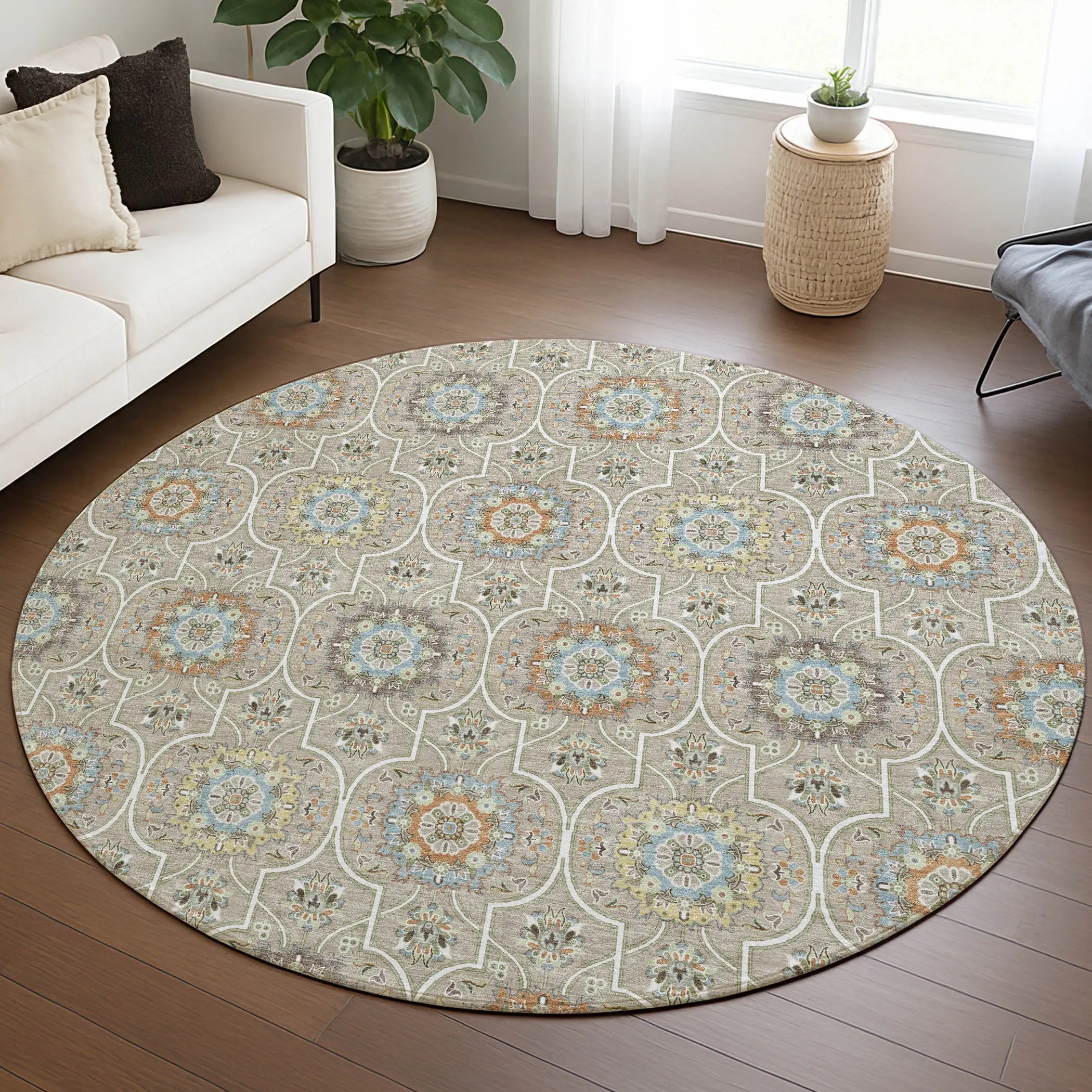 8' Beige And Brown Round Floral Medallion Washable Indoor Outdoor Area Rug Homeroots Outdoor