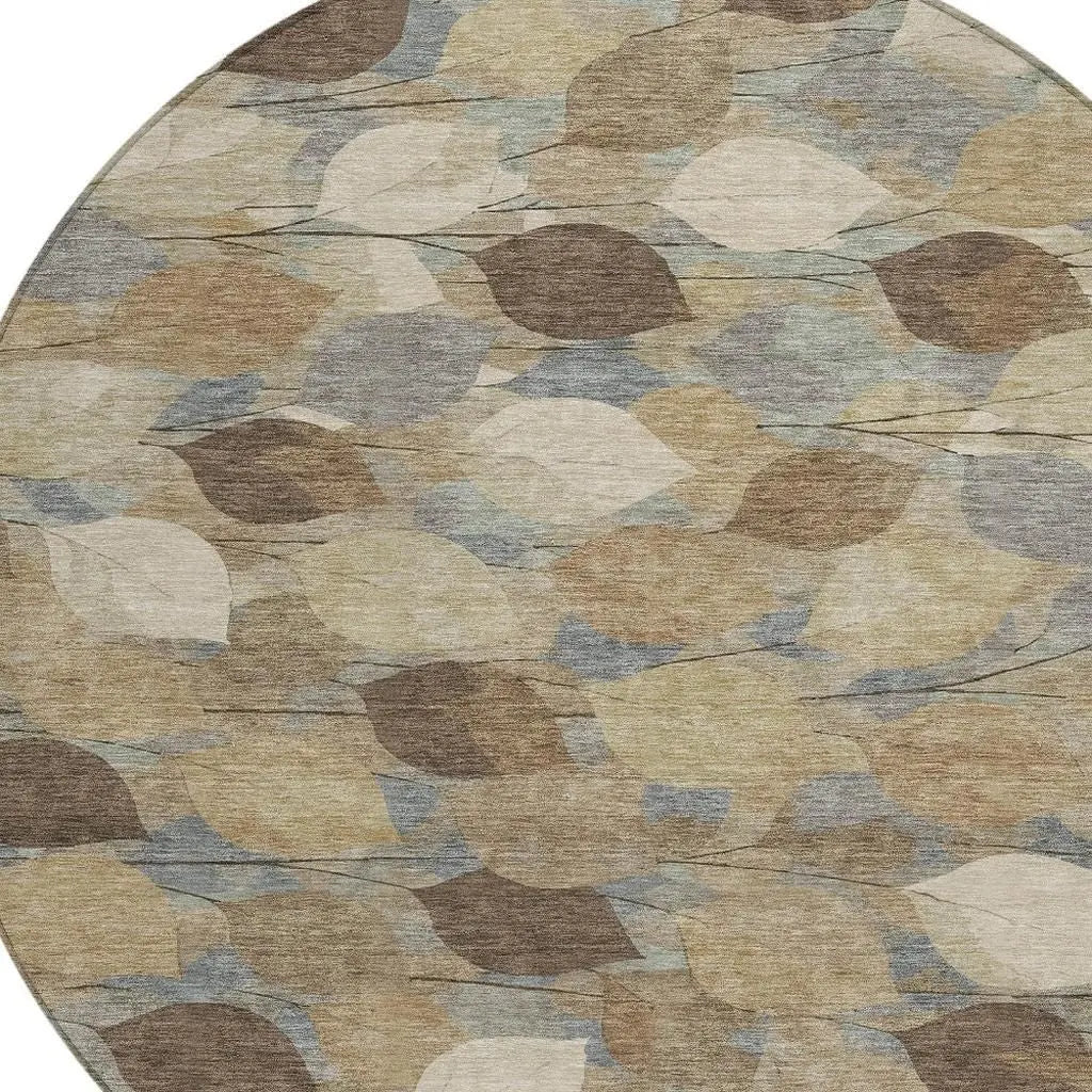8' Beige And Brown Round Floral Washable Indoor Outdoor Area Rug Homeroots Outdoor