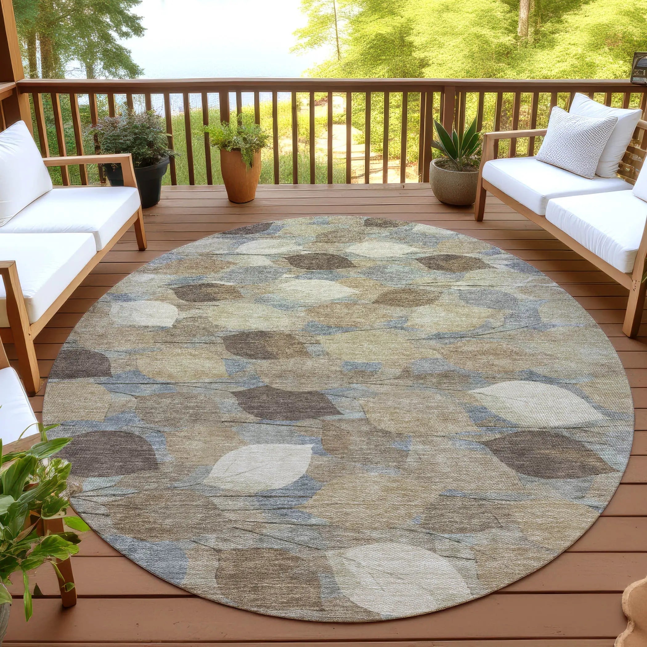8' Beige And Brown Round Floral Washable Indoor Outdoor Area Rug Homeroots Outdoor