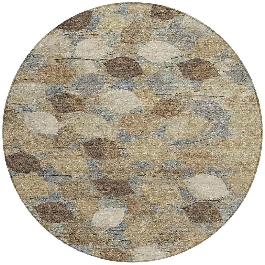 8' Beige And Brown Round Floral Washable Indoor Outdoor Area Rug Homeroots Outdoor