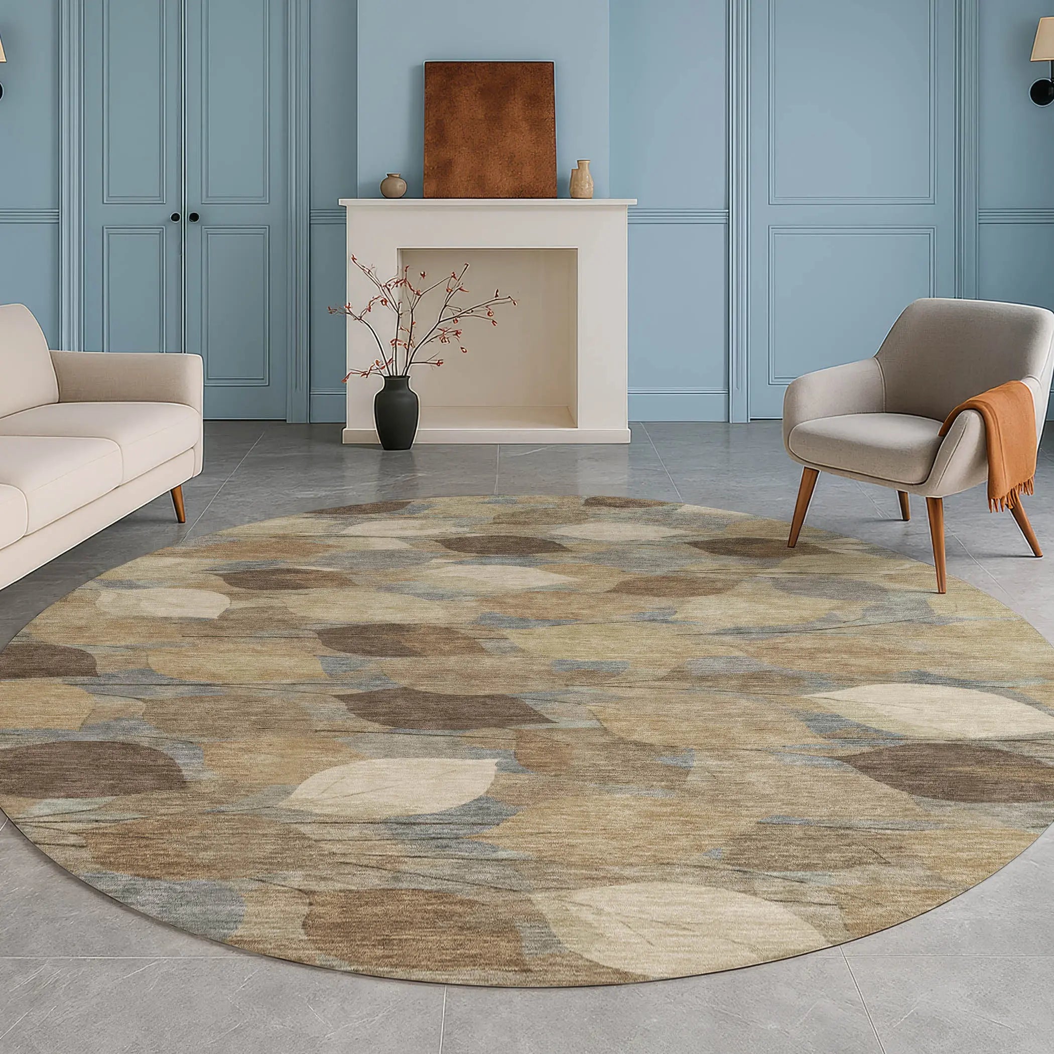 8' Beige And Brown Round Floral Washable Indoor Outdoor Area Rug Homeroots Outdoor