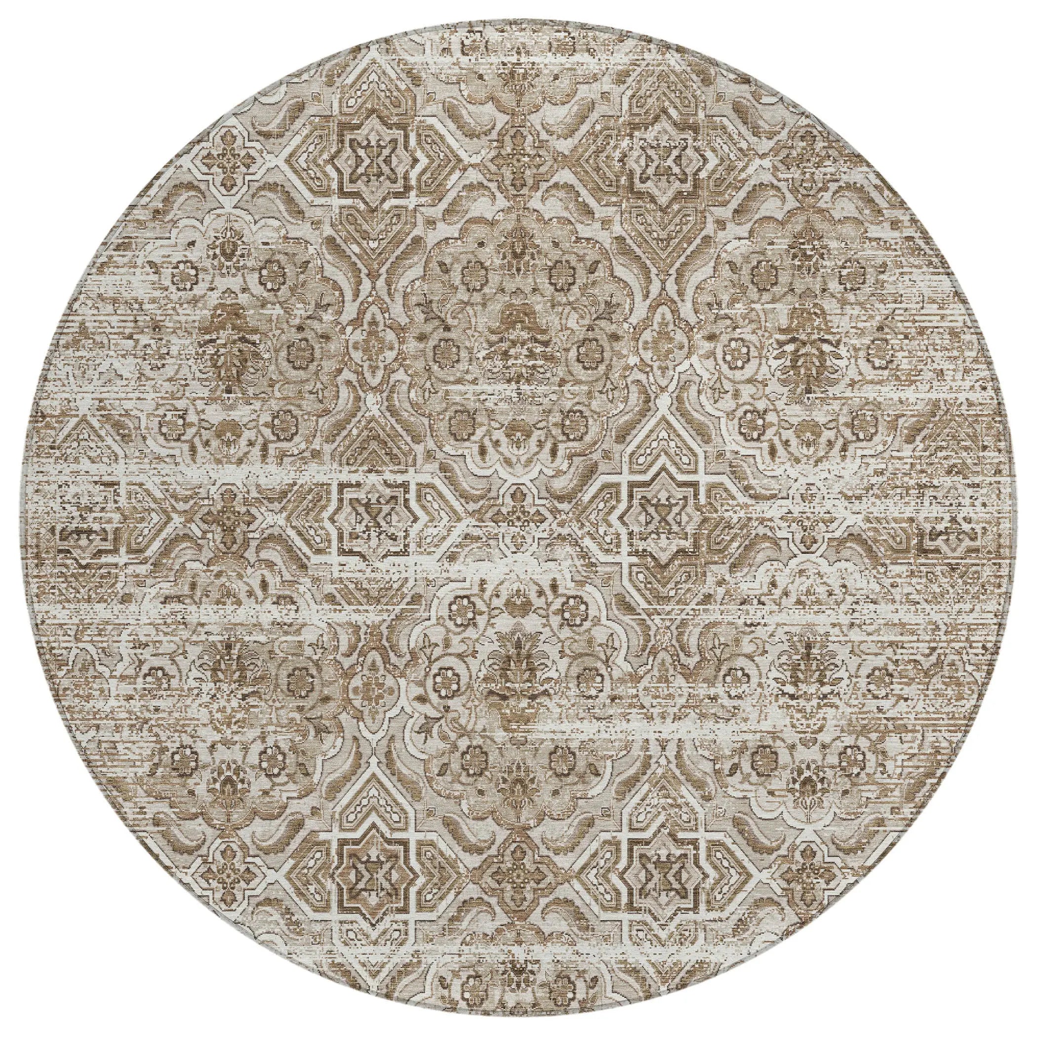 8' Beige And Brown Round Floral Washable Indoor Outdoor Area Rug Homeroots Outdoor