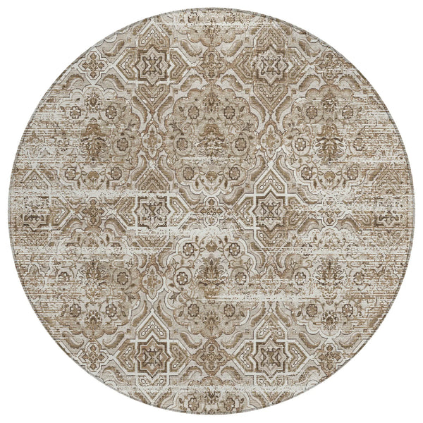 8' Beige And Brown Round Floral Washable Indoor Outdoor Area Rug Homeroots Outdoor