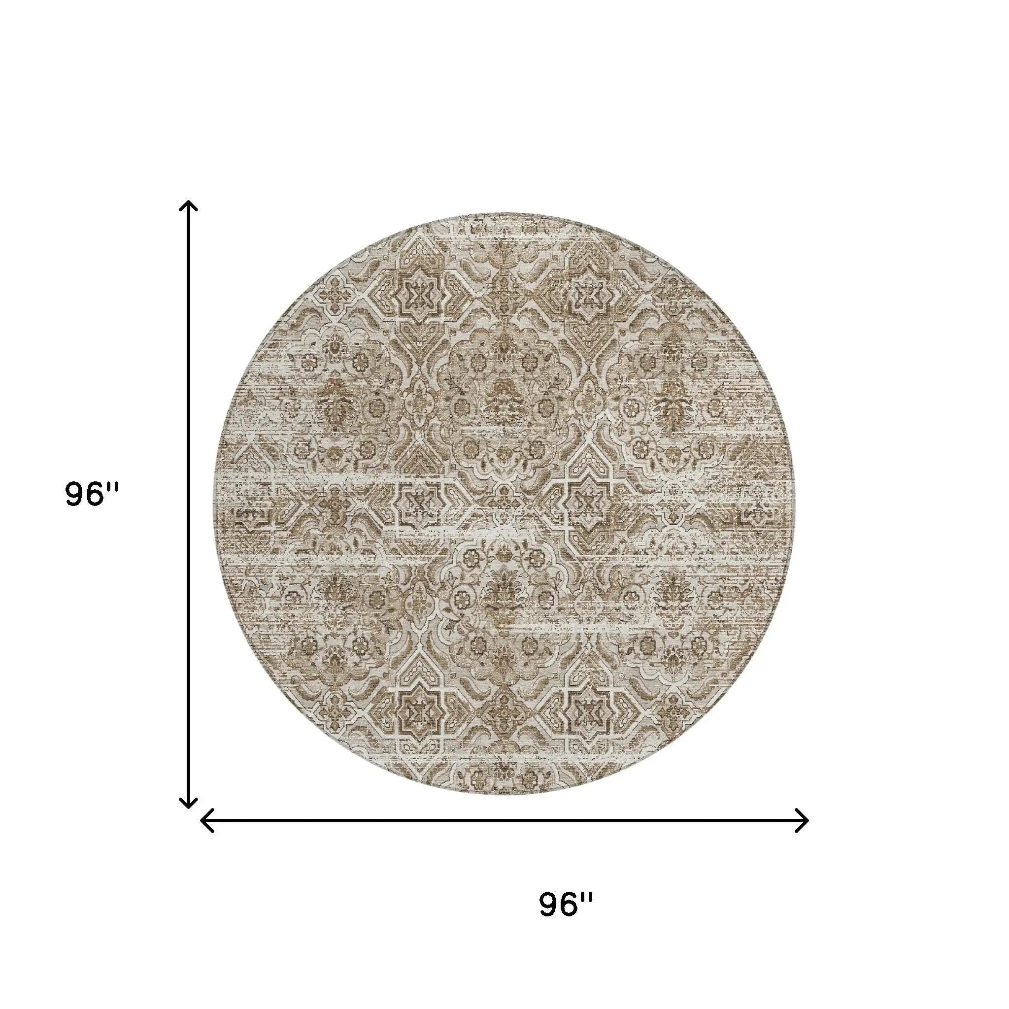8' Beige And Brown Round Floral Washable Indoor Outdoor Area Rug Homeroots Outdoor