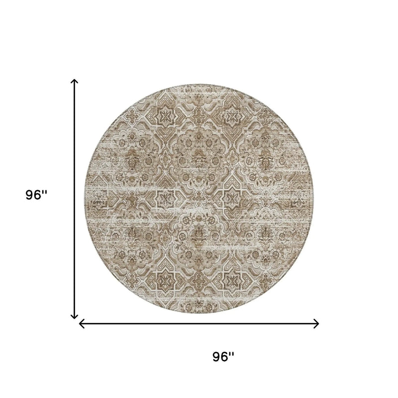 8' Beige And Brown Round Floral Washable Indoor Outdoor Area Rug Homeroots Outdoor