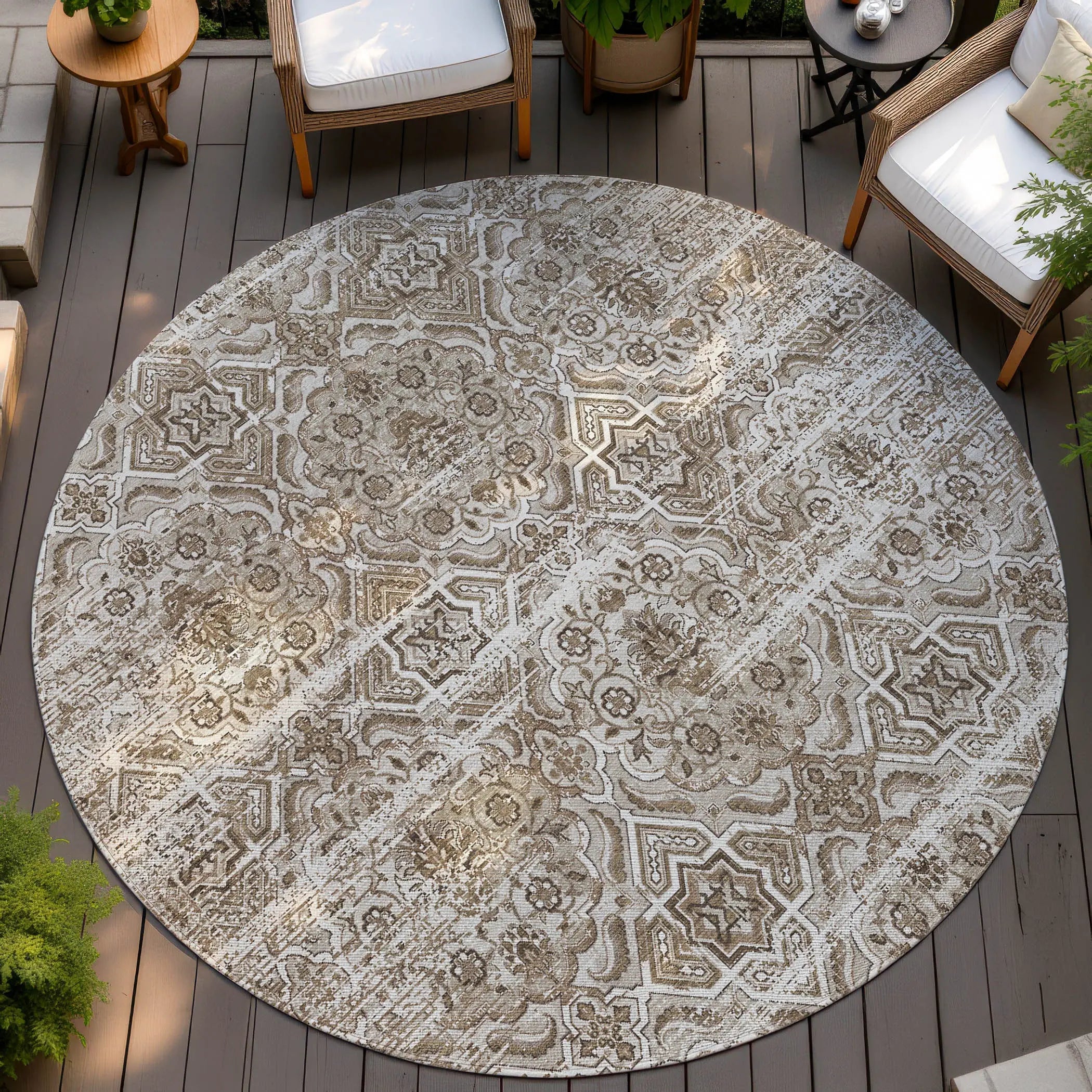 8' Beige And Brown Round Floral Washable Indoor Outdoor Area Rug Homeroots Outdoor