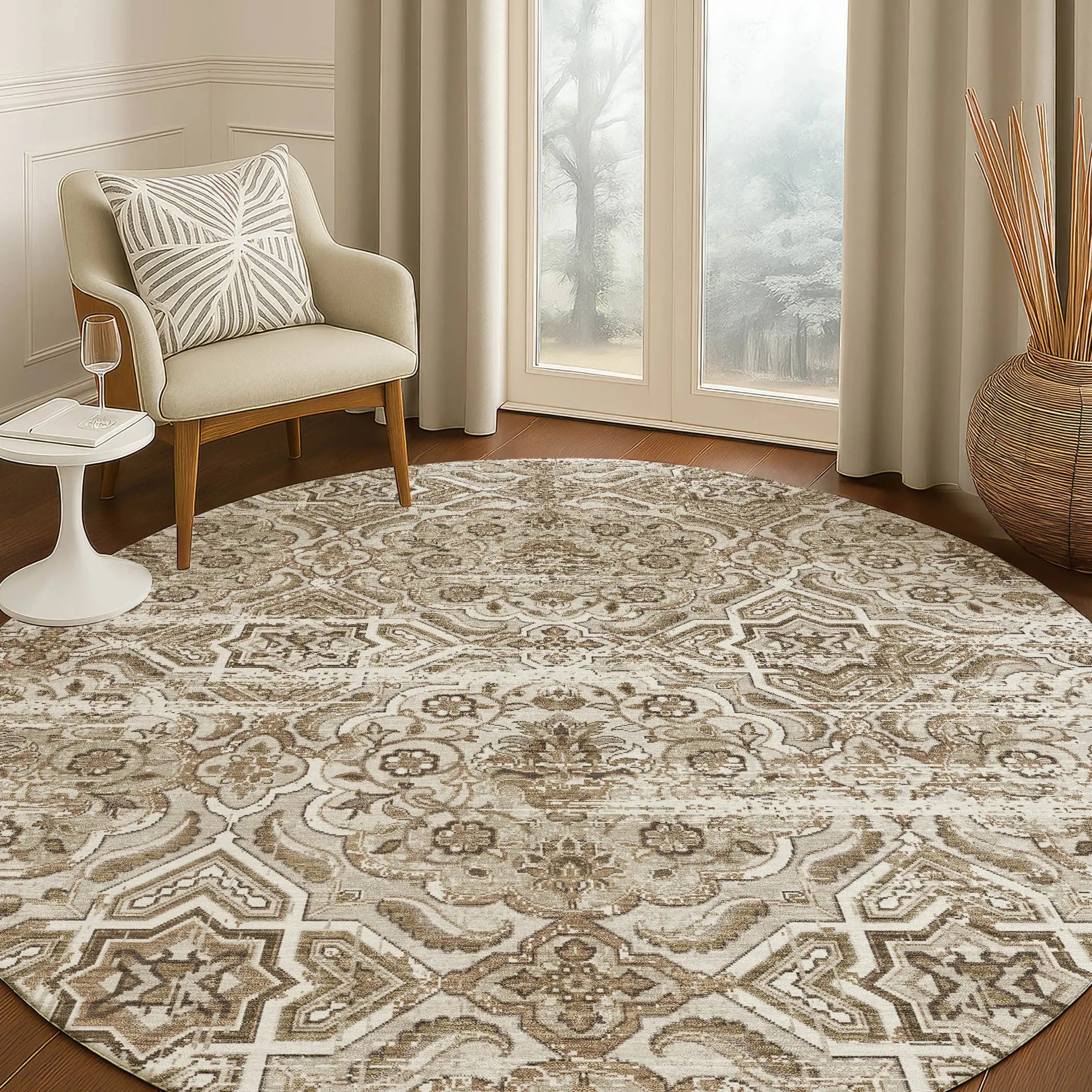 8' Beige And Brown Round Floral Washable Indoor Outdoor Area Rug Homeroots Outdoor