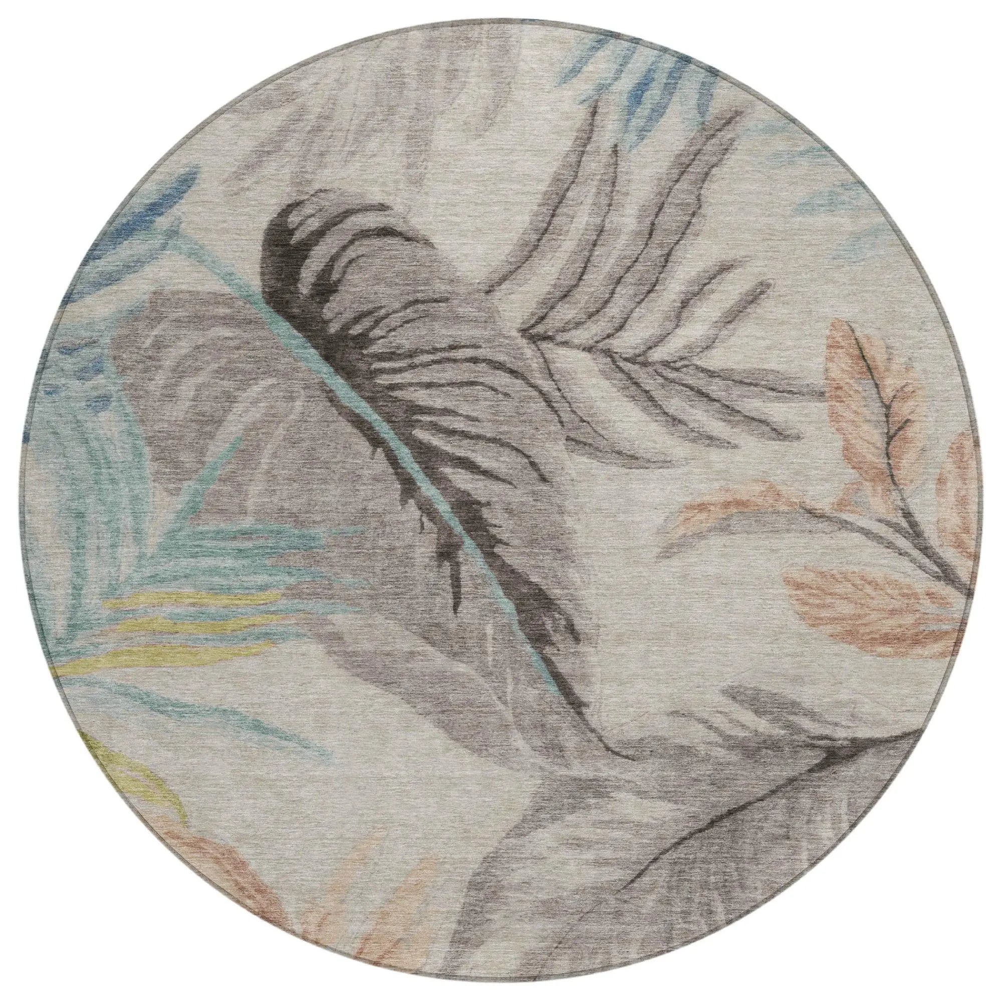 8' Beige And Brown Round Floral Washable Indoor Outdoor Area Rug Homeroots Outdoor