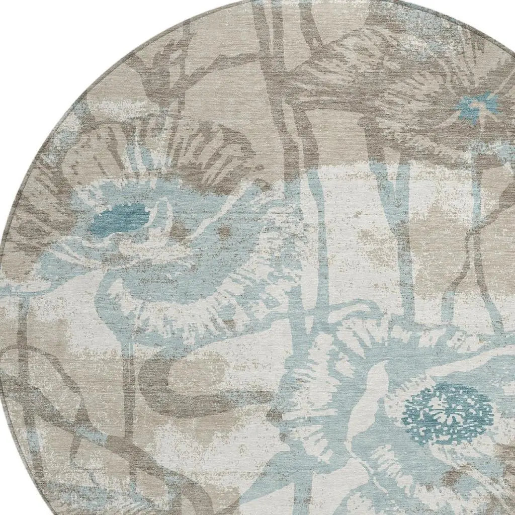 8' Beige And Brown Round Floral Washable Indoor Outdoor Area Rug Homeroots Outdoor