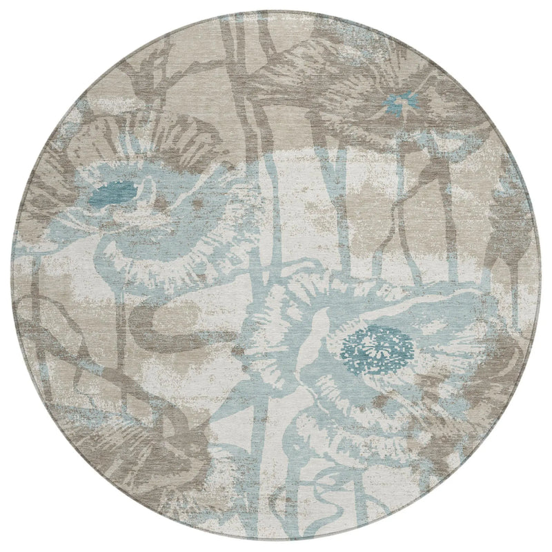 8' Beige And Brown Round Floral Washable Indoor Outdoor Area Rug Homeroots Outdoor