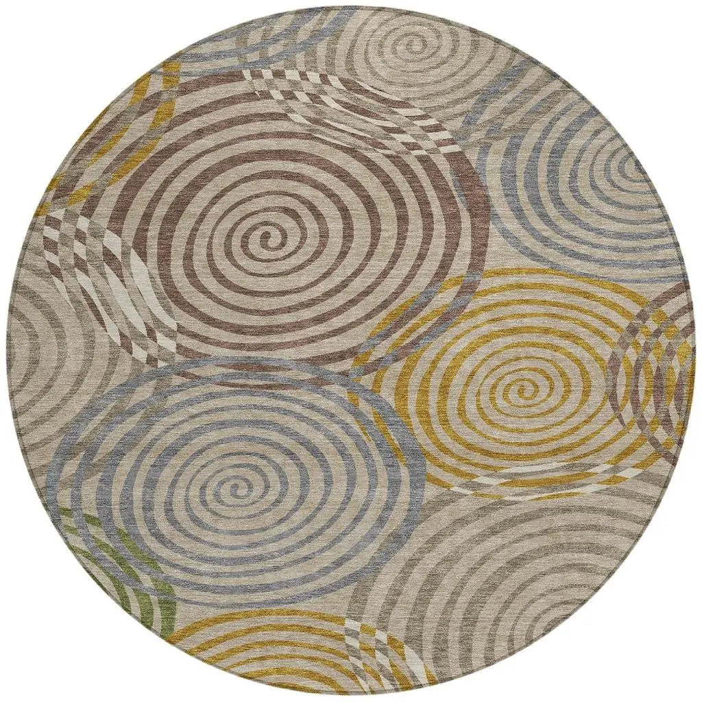 8' Beige And Brown Round Geometric Washable Indoor Outdoor Area Rug Homeroots Outdoor