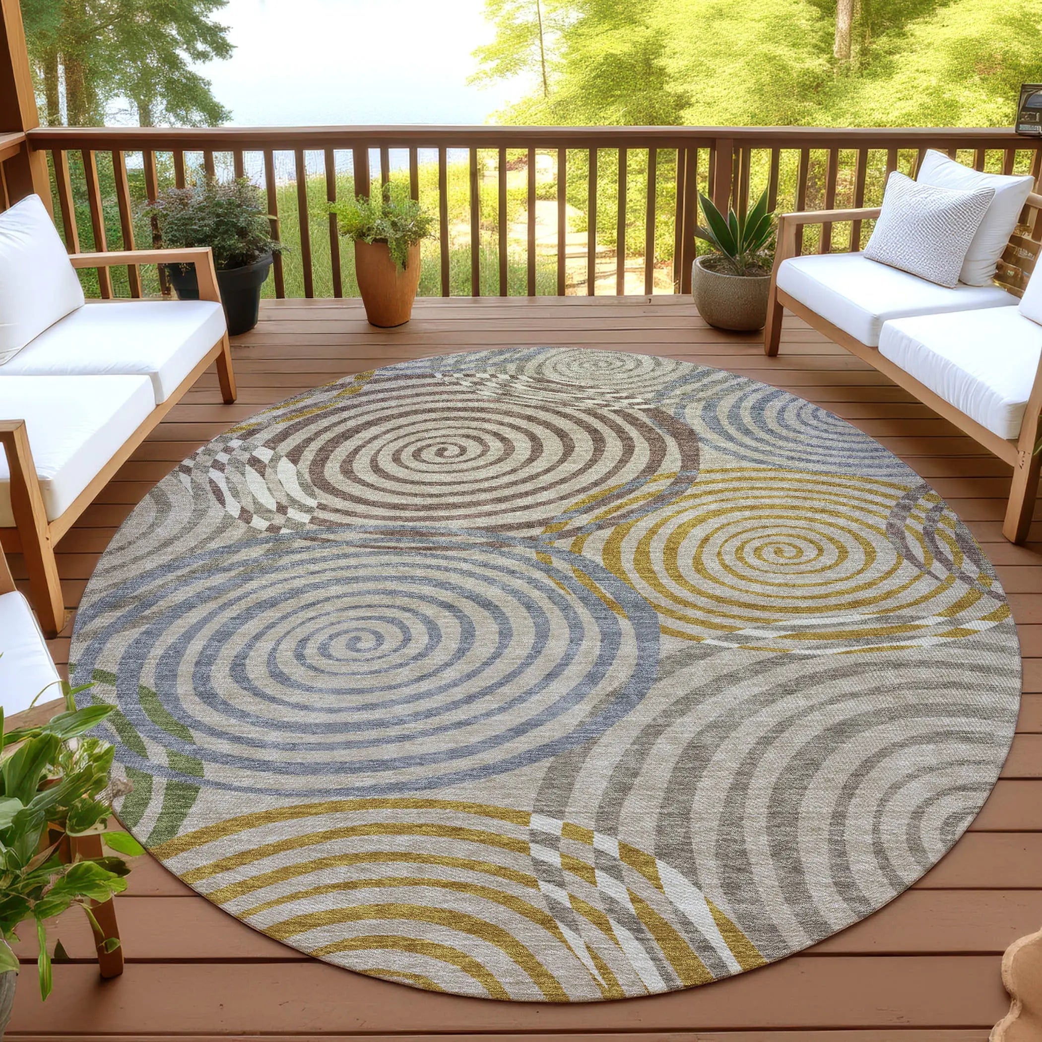 8' Beige And Brown Round Geometric Washable Indoor Outdoor Area Rug Homeroots Outdoor