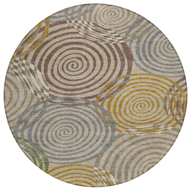 8' Beige And Brown Round Geometric Washable Indoor Outdoor Area Rug Homeroots Outdoor