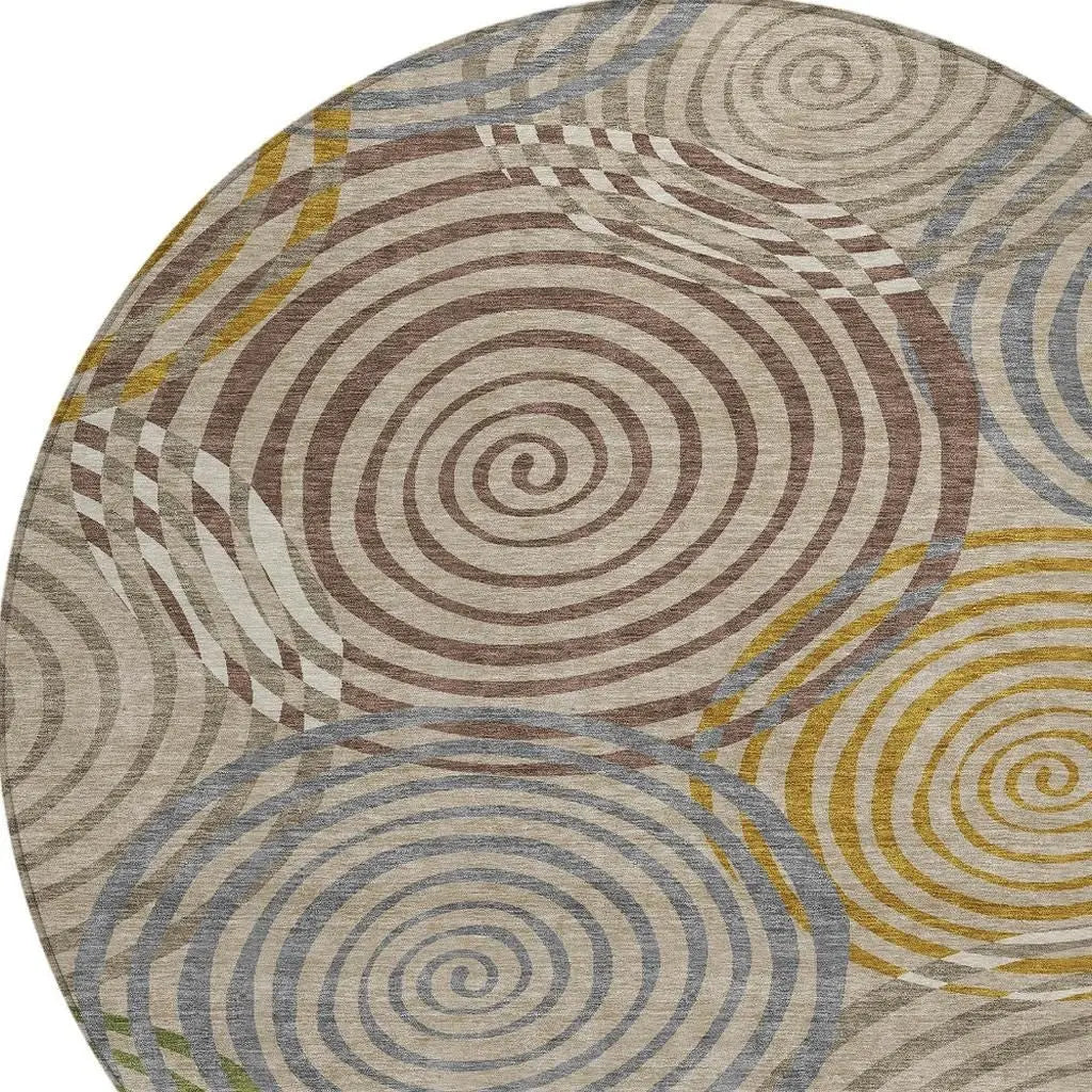 8' Beige And Brown Round Geometric Washable Indoor Outdoor Area Rug Homeroots Outdoor