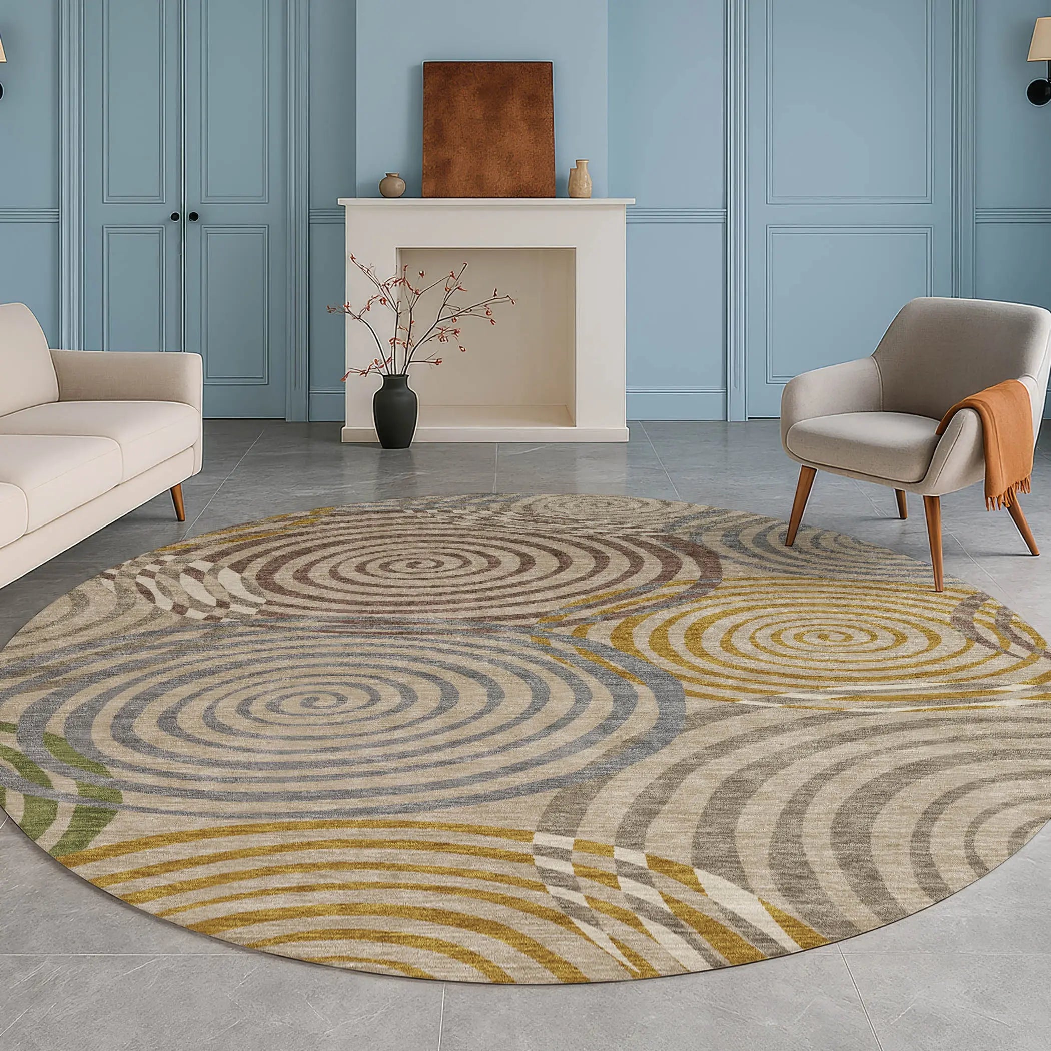 8' Beige And Brown Round Geometric Washable Indoor Outdoor Area Rug Homeroots Outdoor