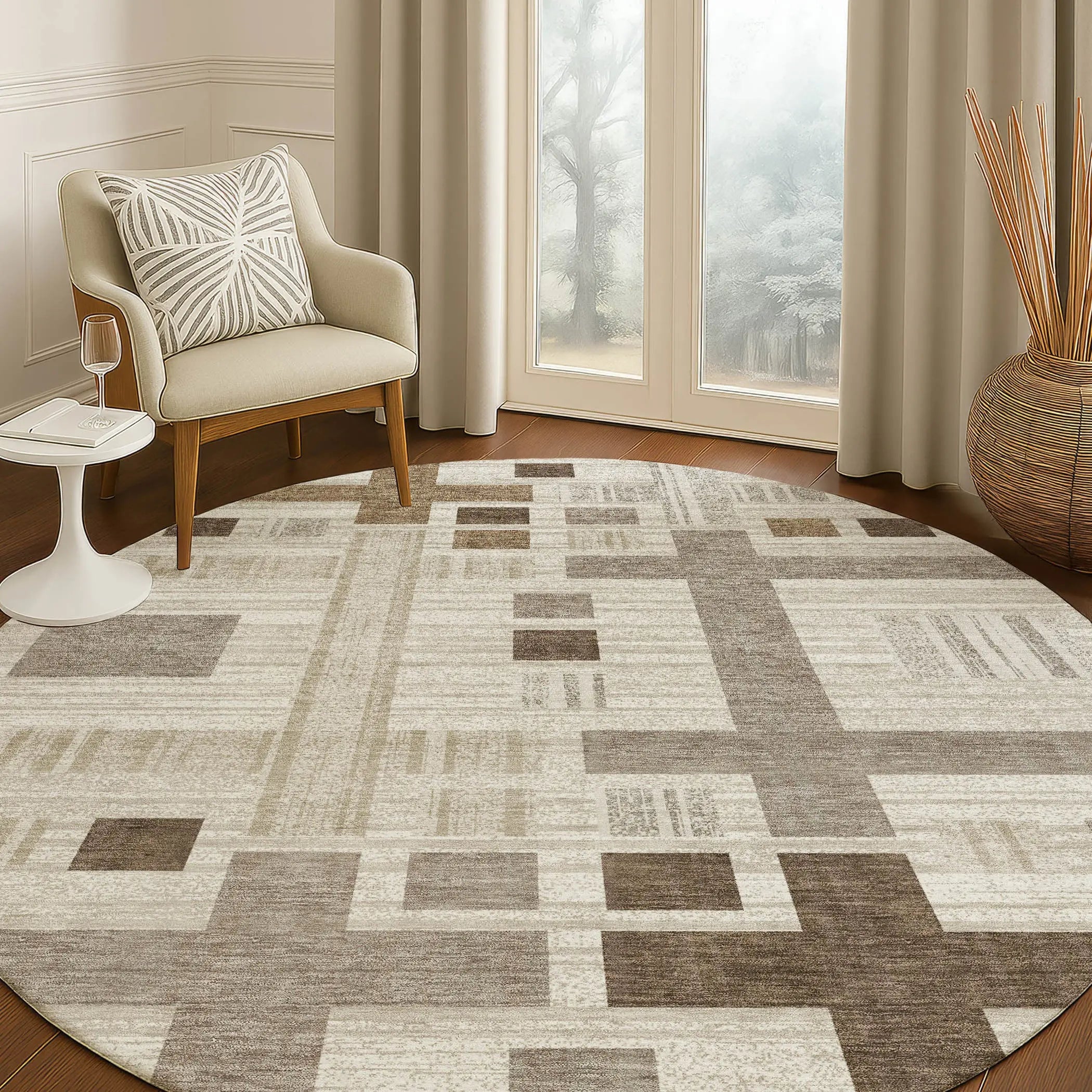 8' Beige And Brown Round Geometric Washable Indoor Outdoor Area Rug Homeroots Outdoor