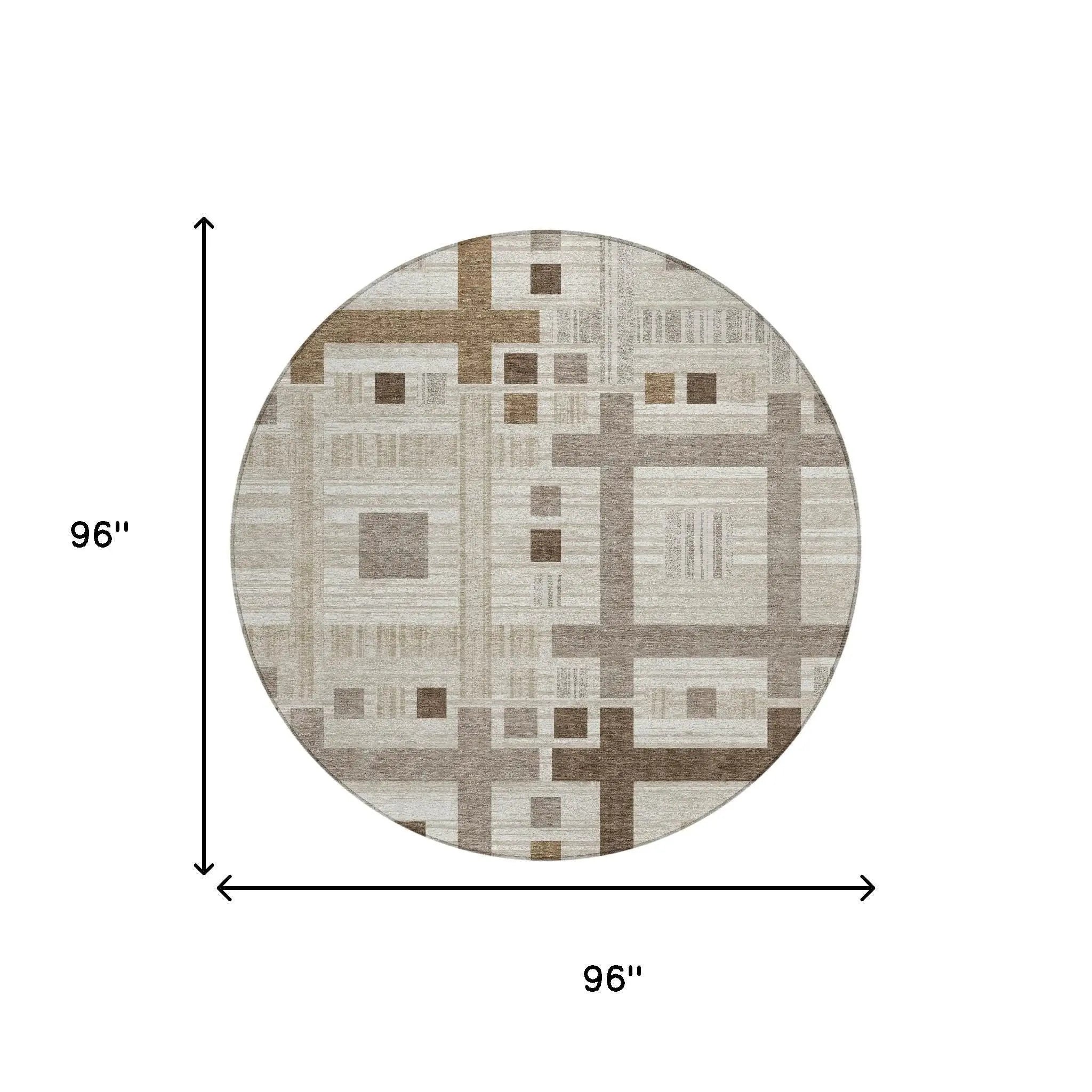 8' Beige And Brown Round Geometric Washable Indoor Outdoor Area Rug Homeroots Outdoor