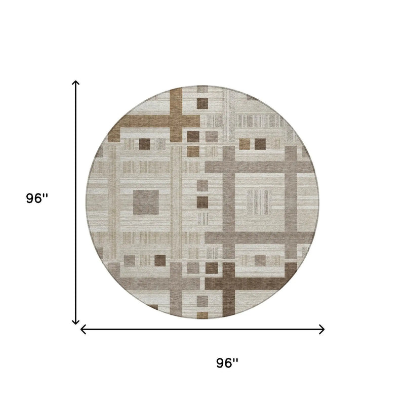 8' Beige And Brown Round Geometric Washable Indoor Outdoor Area Rug Homeroots Outdoor