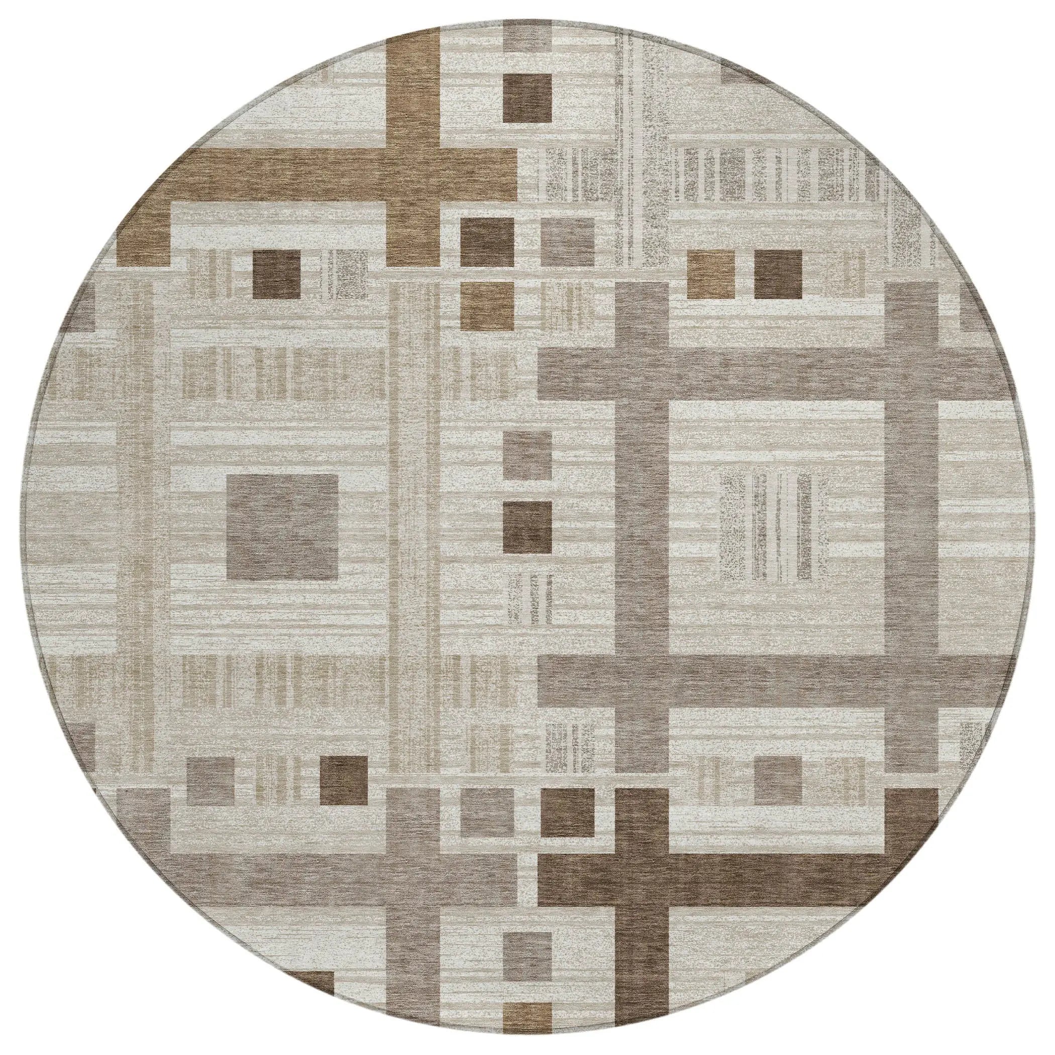 8' Beige And Brown Round Geometric Washable Indoor Outdoor Area Rug Homeroots Outdoor
