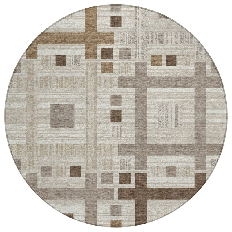 8' Beige And Brown Round Geometric Washable Indoor Outdoor Area Rug Homeroots Outdoor