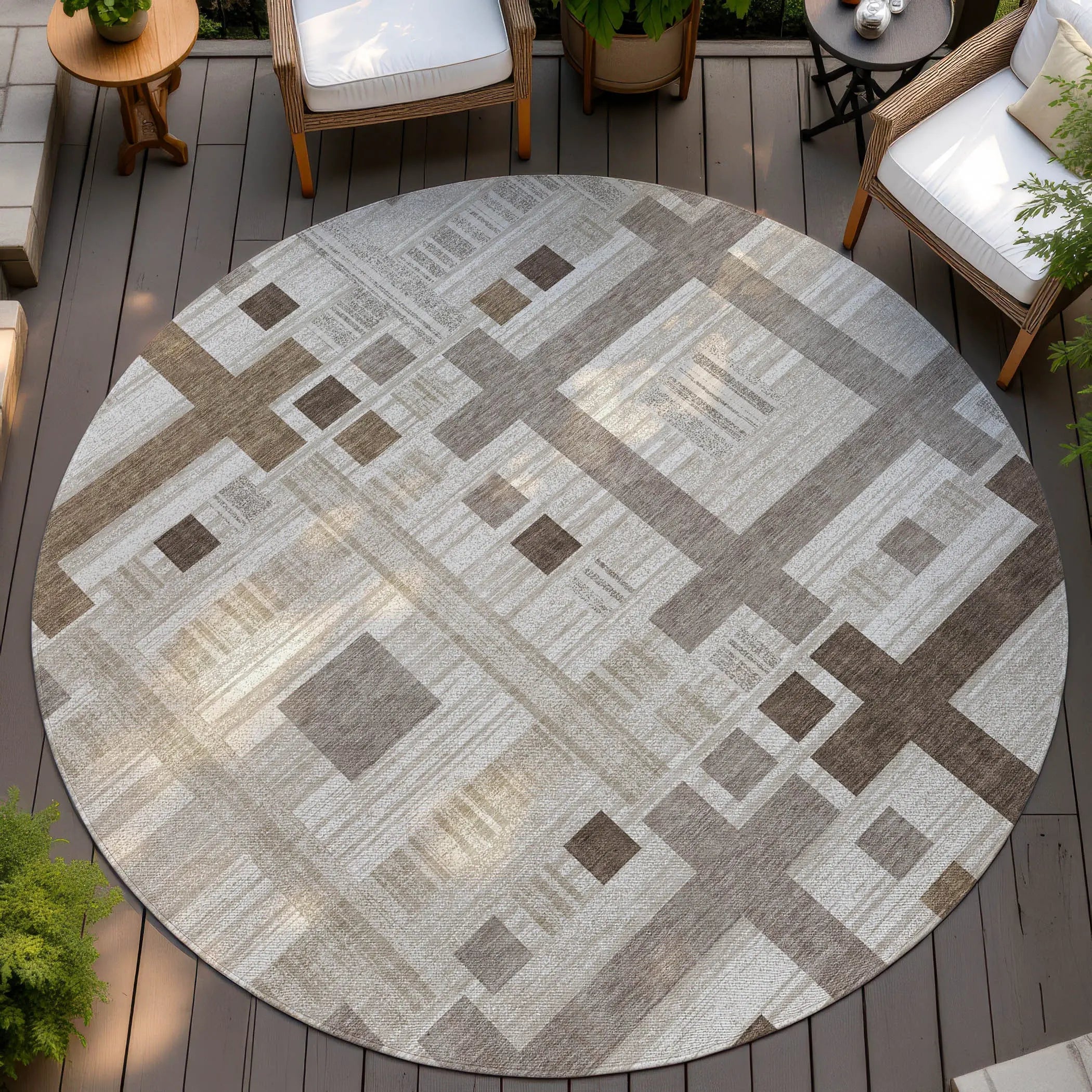 8' Beige And Brown Round Geometric Washable Indoor Outdoor Area Rug Homeroots Outdoor