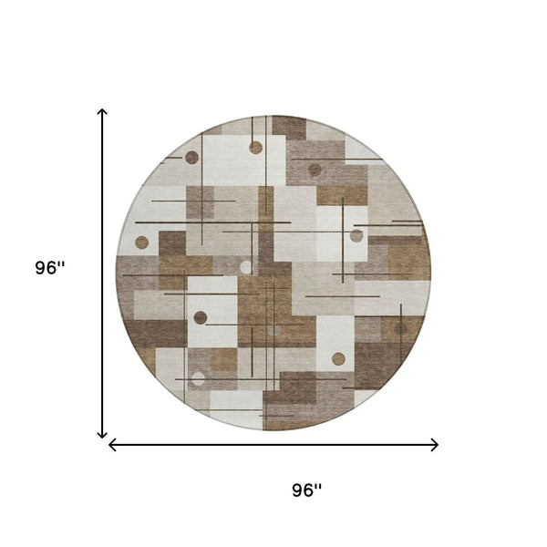 8' Beige And Brown Round Geometric Washable Indoor Outdoor Area Rug Homeroots Outdoor