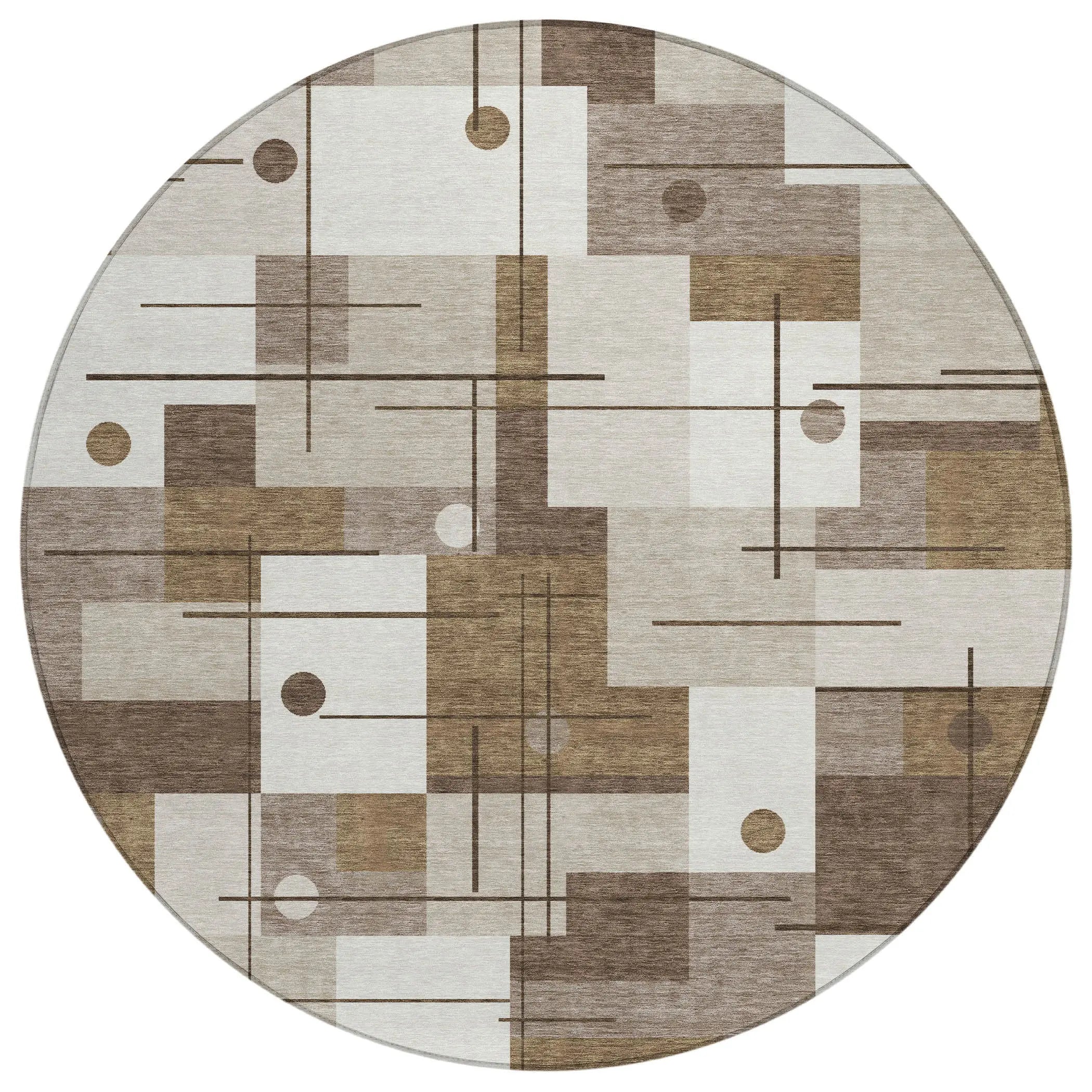 8' Beige And Brown Round Geometric Washable Indoor Outdoor Area Rug Homeroots Outdoor