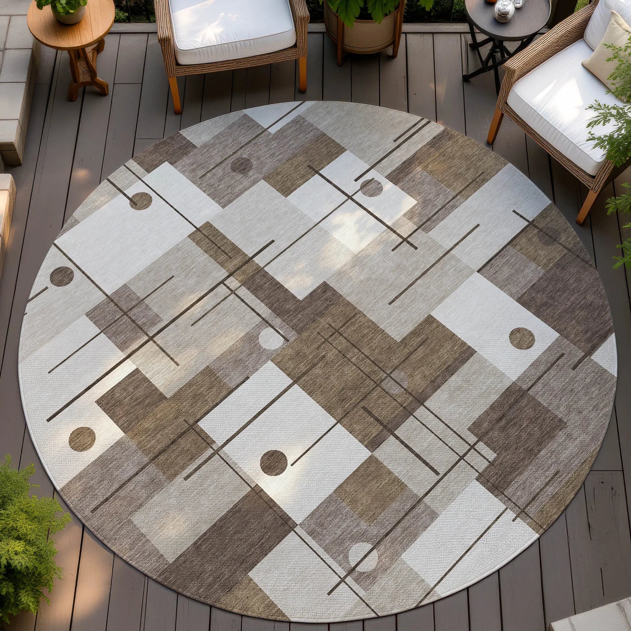 8' Beige And Brown Round Geometric Washable Indoor Outdoor Area Rug Homeroots Outdoor