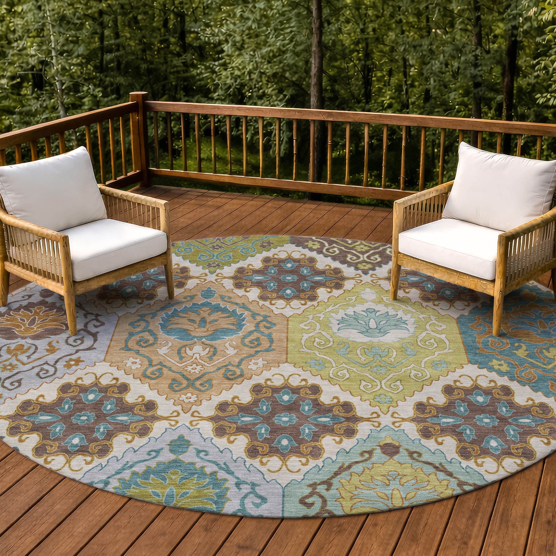 8' Beige And Brown Round Geometric Washable Indoor Outdoor Area Rug Homeroots Outdoor