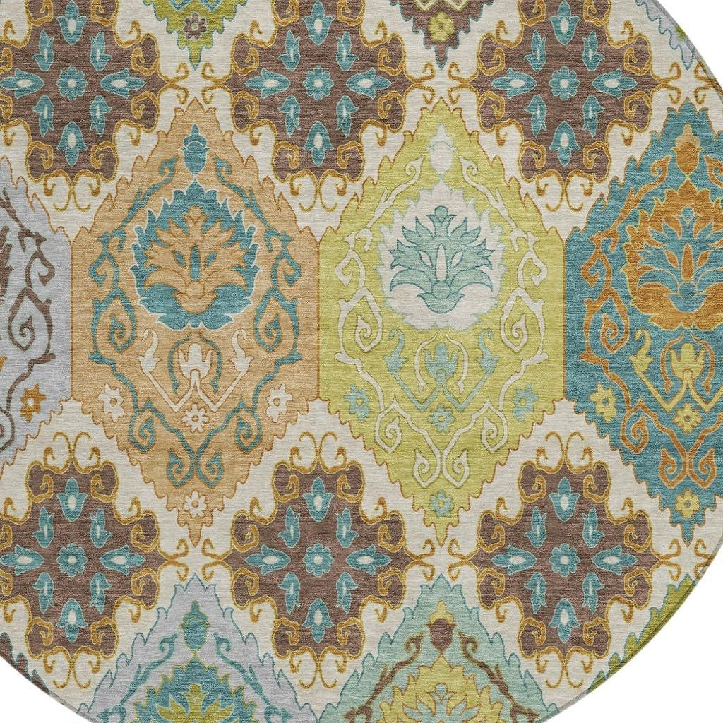 8' Beige And Brown Round Geometric Washable Indoor Outdoor Area Rug Homeroots Outdoor