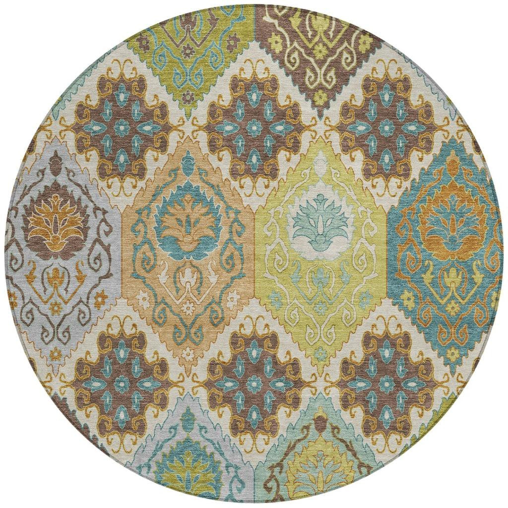 8' Beige And Brown Round Geometric Washable Indoor Outdoor Area Rug Homeroots Outdoor