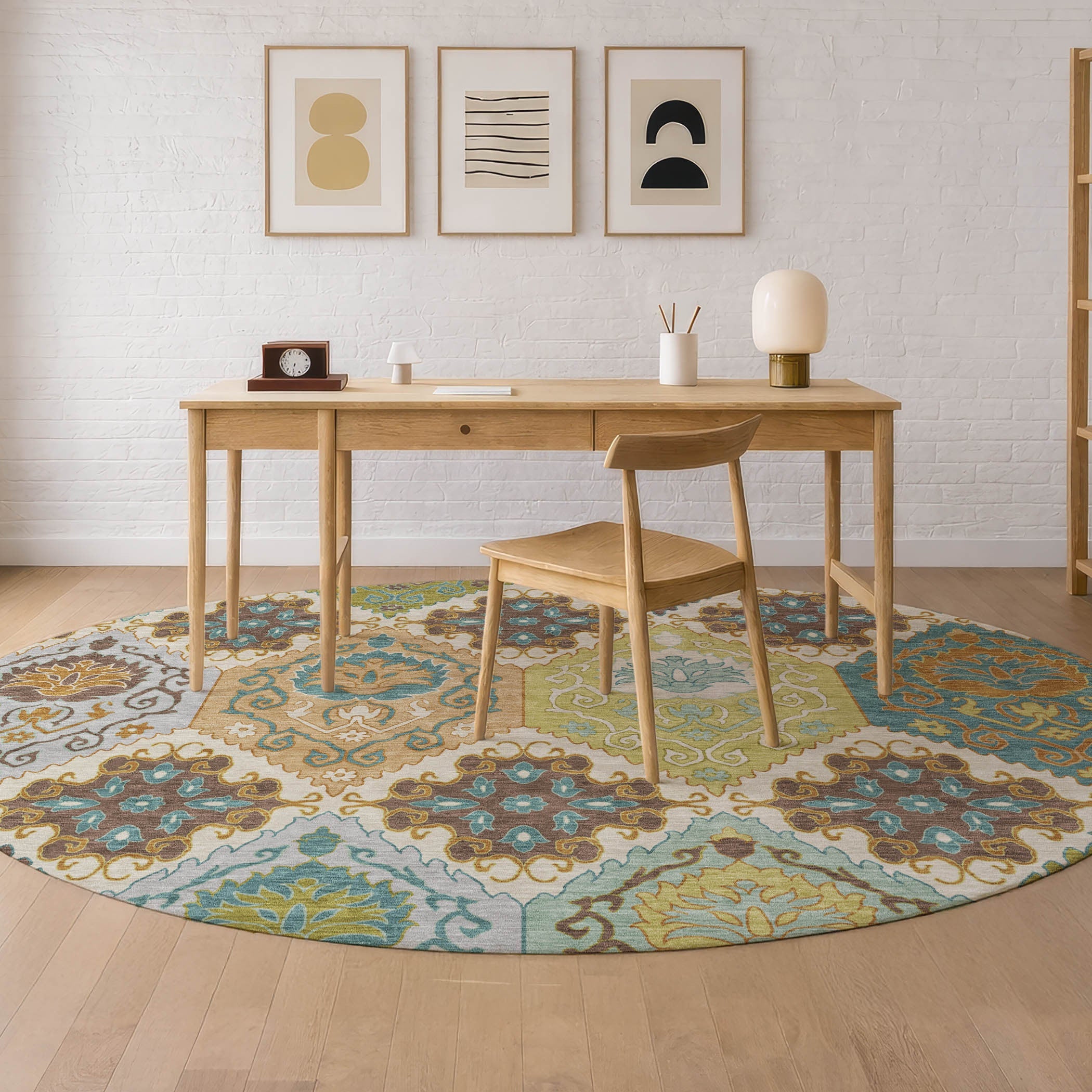 8' Beige And Brown Round Geometric Washable Indoor Outdoor Area Rug Homeroots Outdoor