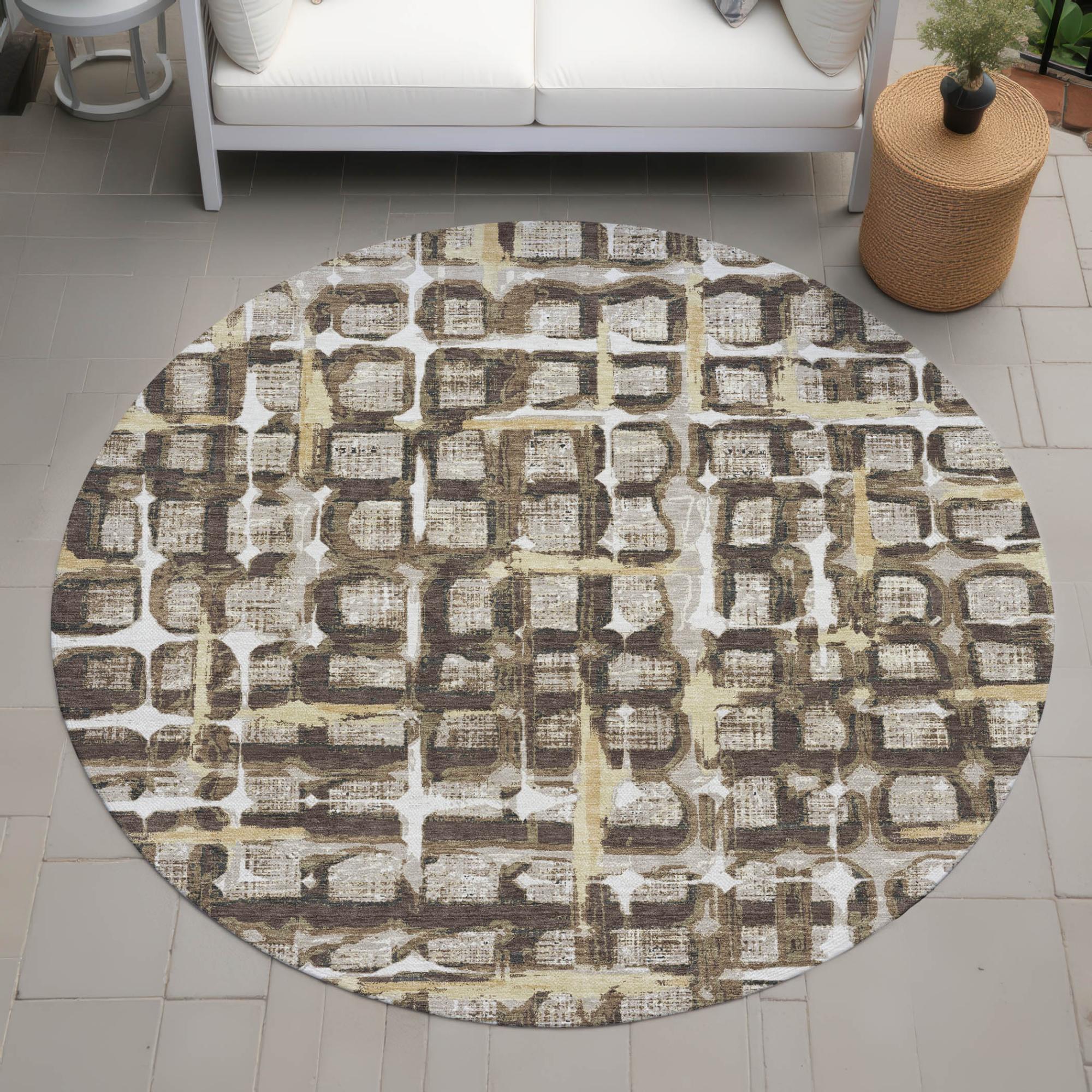 8' Beige And Brown Round Geometric Washable Indoor Outdoor Area Rug Homeroots Outdoor