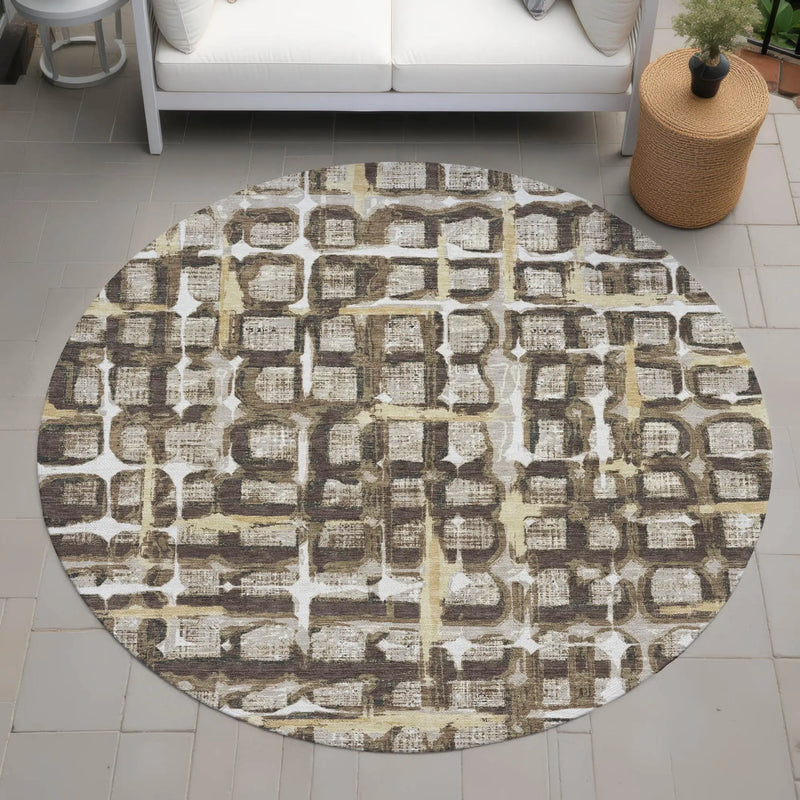 8' Beige And Brown Round Geometric Washable Indoor Outdoor Area Rug Homeroots Outdoor